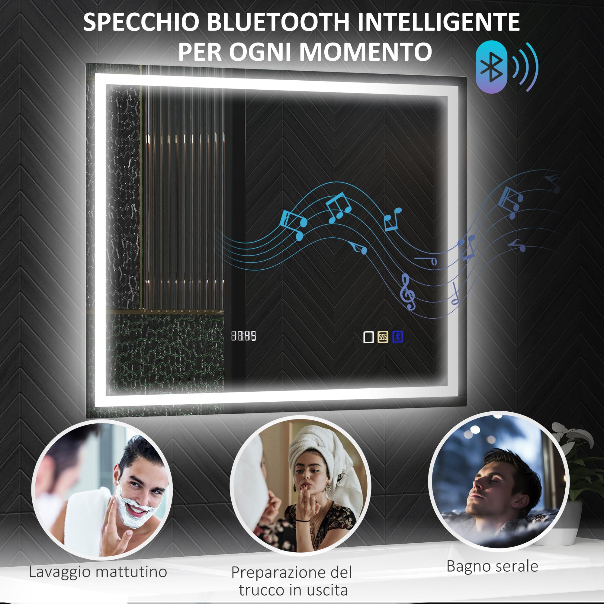 HOMCOM, Specchio da Parete con Luce LED e Speaker Bluetooth 100x80 cm | 3 Colori, Luminosità Regolabile, Funzione Memoria, Antiappannamento, Interruttori Touch, Orizzontale/Verticale
