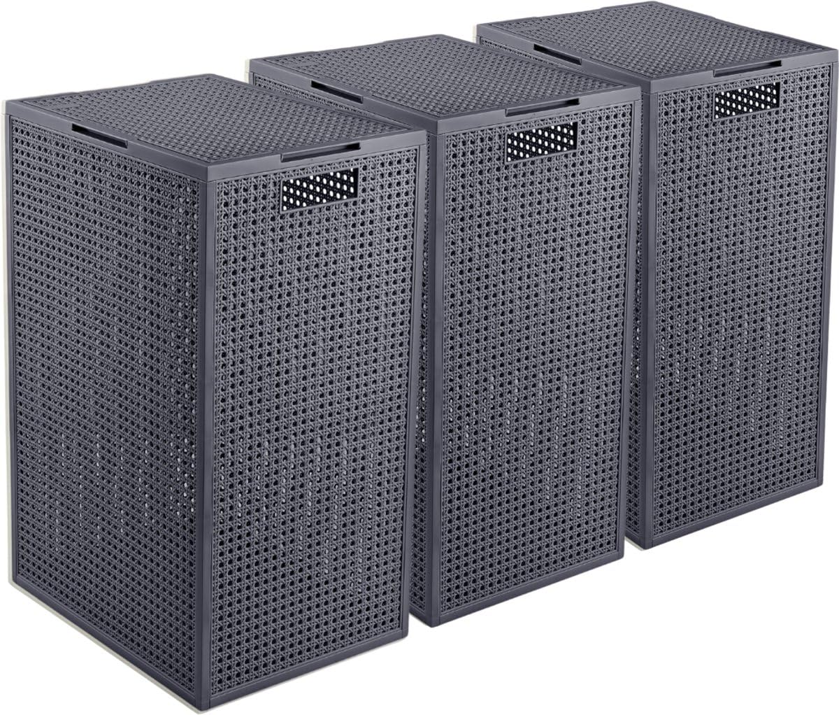 Curver Kaya Wäschekorb mit Deckel – 3er-Set – je 60 Liter – 38×29×58,5 cm – Anthrazit – Kunststoff – mit Belüftung