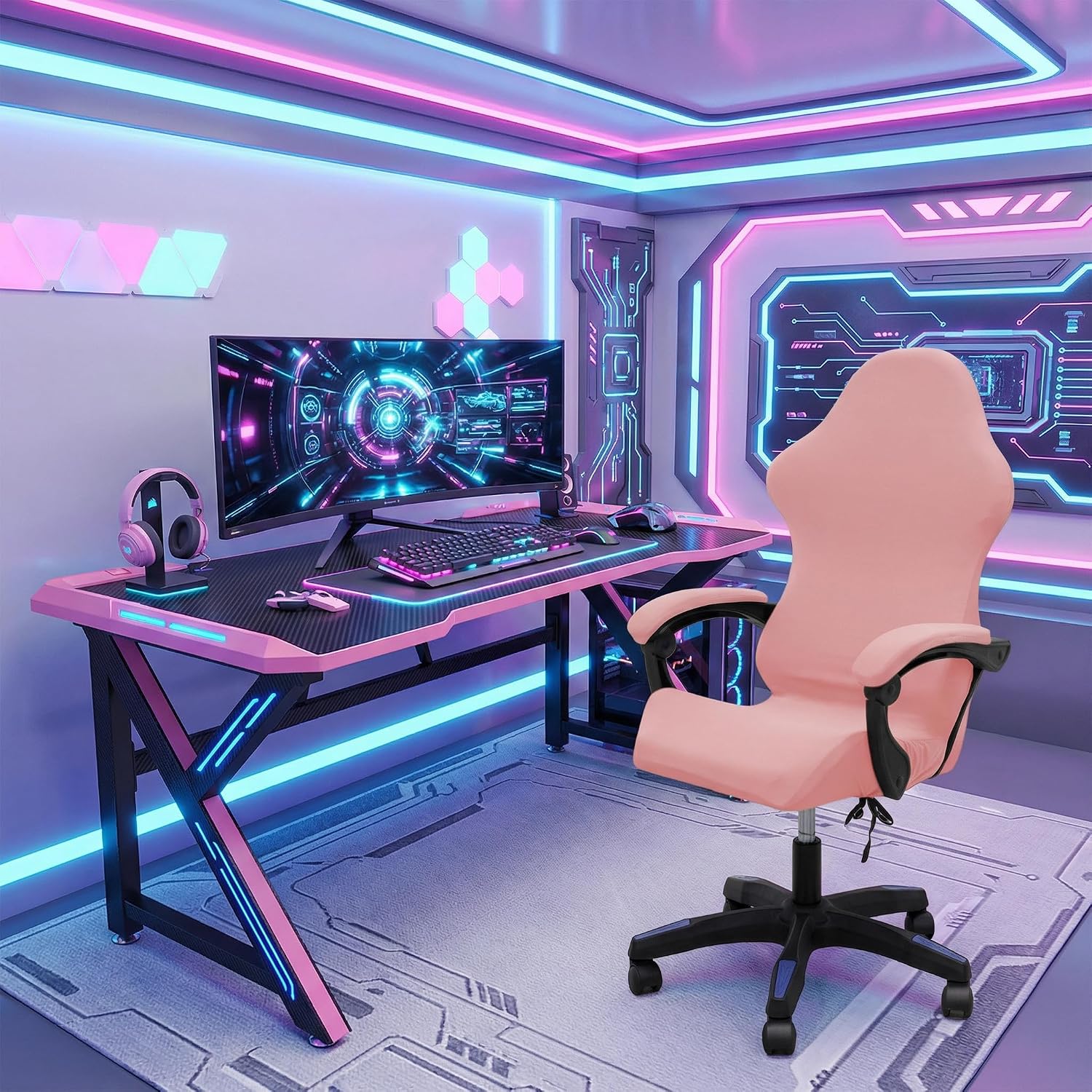 Gaming Chair Cover Set with Armrest Covers, Stretch Ruffled Slipcover for Racing Office Computer Reclining Chairs (Pink)