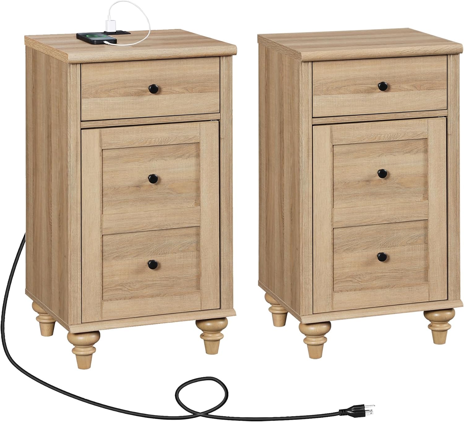 WAMPAT Set of 2 Nightstands with Charging Station, End Table with Power Outlets & USB Ports, Modern Side Table with Drawer and Storage Cabinet for Bedroom, Oak, 16 inch