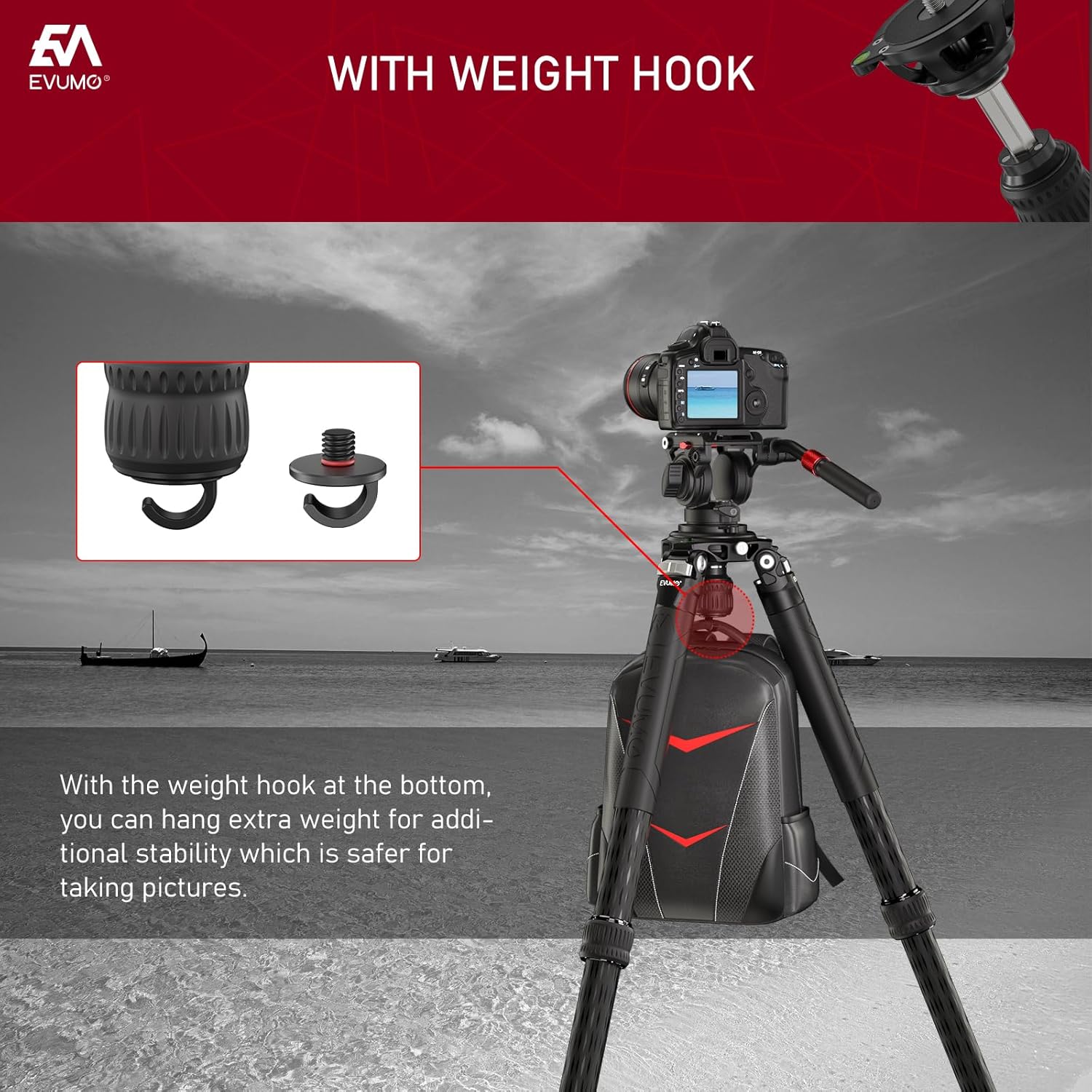 EVUMO B75M 75mm Bowl Adapter With Retractable Handle, 3/8'' Mounting Screw, Aluminum Alloy Half Ball Leveling Base, Level Bubble and Gravity Hook - Compatible With Tripod, Ball Head, Fluid Head