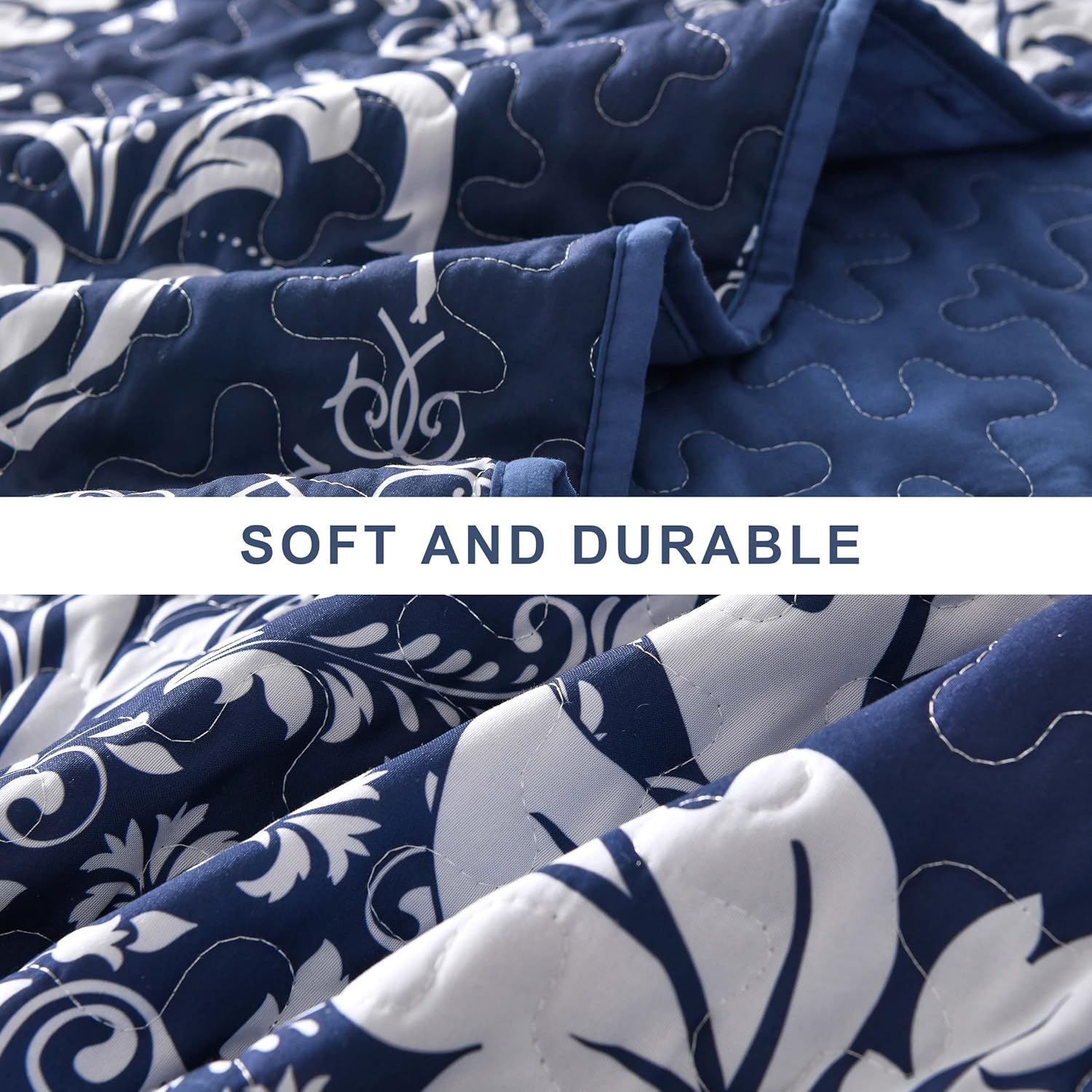 Navy Quilt Set Queen Size, Boho Damask Bedspread Coverlet Set Soft Lightweight Luxury Classical Bedding Set 3 Pieces for All Season (96"x90") - Image 5