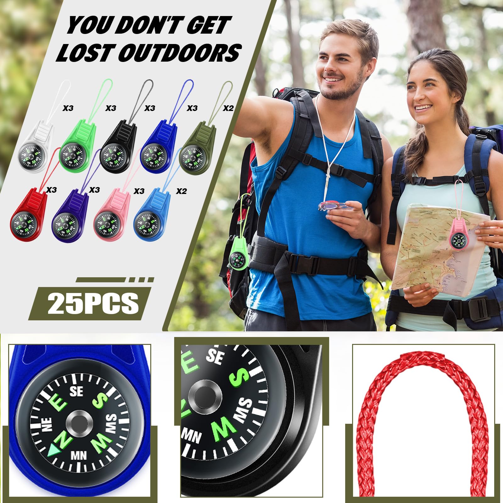 Lot de 50 boussoles de randonnée pour enfants, 9 couleurs, mini boussole de scout, boussole pour enfants, boussole pour randonnée, cadeau pour enfants, camping, entraînement scout