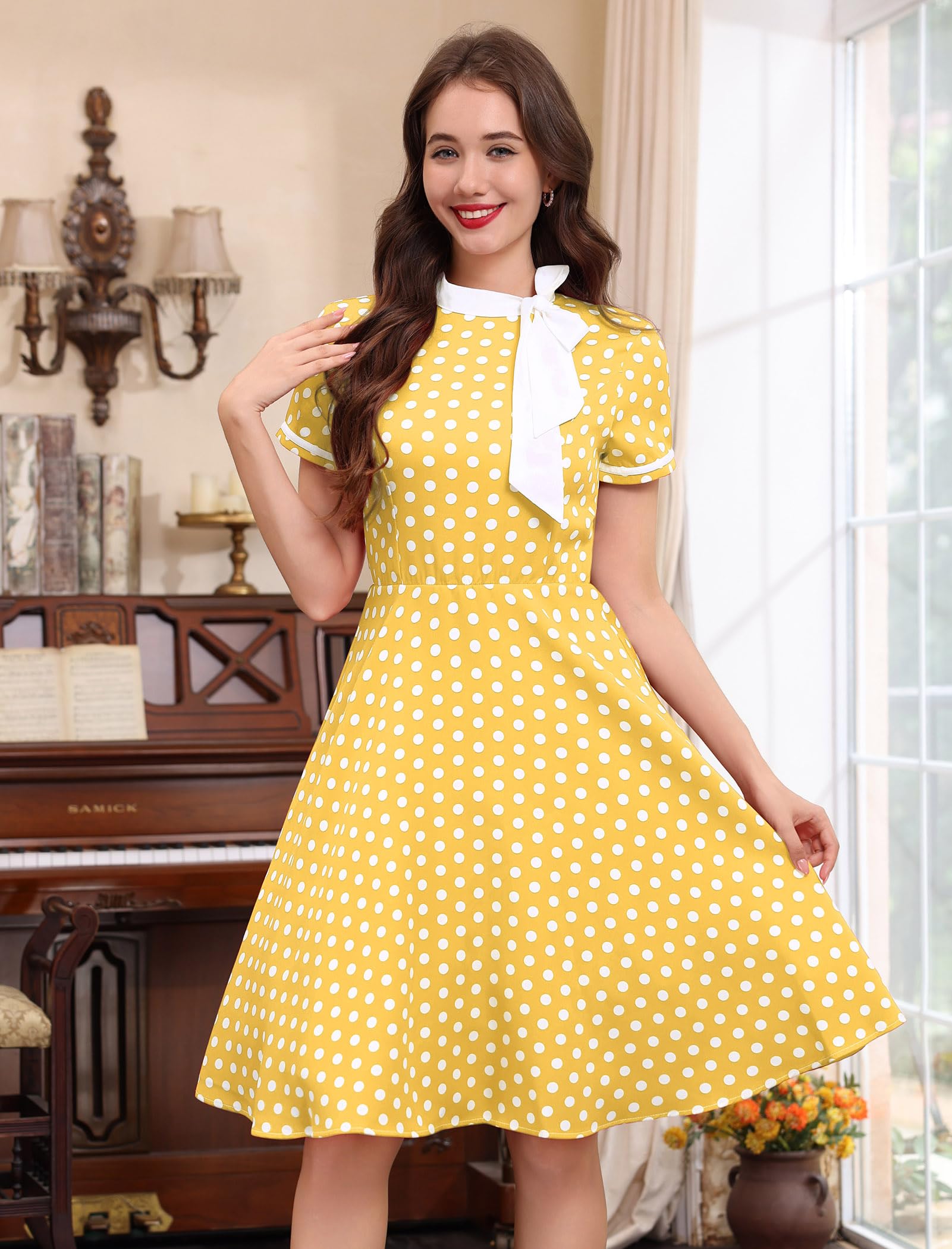 Abito da donna in stile anni '50, vintage, a pois, con fiocco, per lavoro, stile Audrey Hepburn, Rockabilly, cocktail party