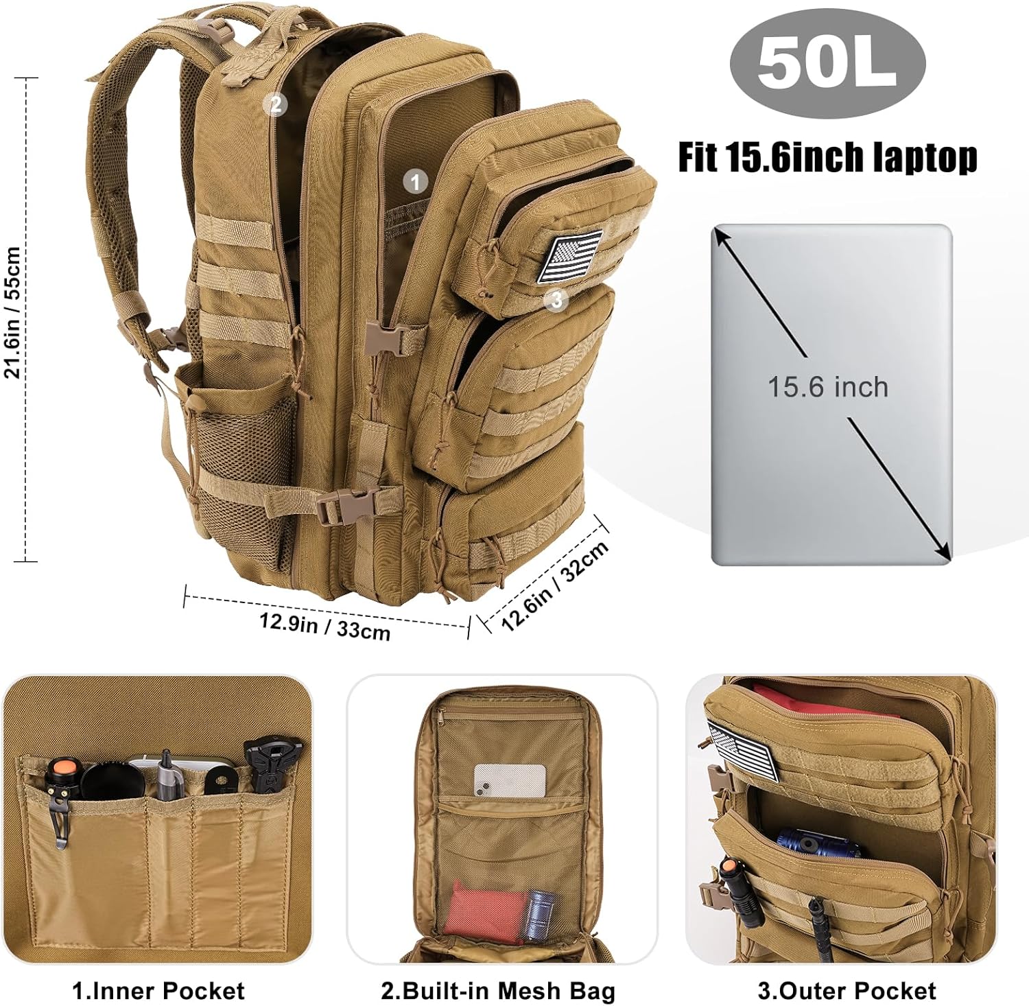 Military Tactical Backpack 50L Large Day Backpack for Men Molle Army 3 Days Assault Pack Bug Out Bag Water Resistant and Heavy Duty Hiking Treeking Rucksack - Brown - Image 3