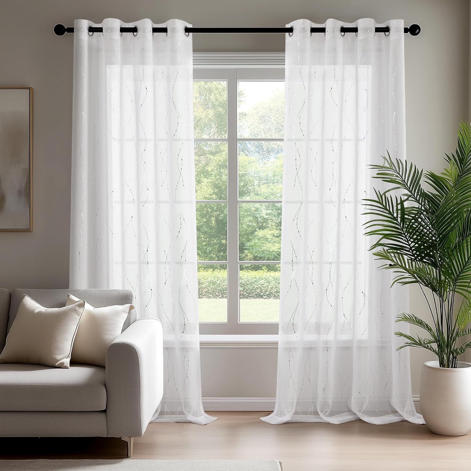 Deconovo Oeko-TEX Certified Sheer Foil Print Curtains – 2 Panels, Grommet Top – Elegant Light-Filtering Drapes for Living Room & Bedroom, Airy Privacy & Easy Care White & Silver Silver 52W x 96L Inch