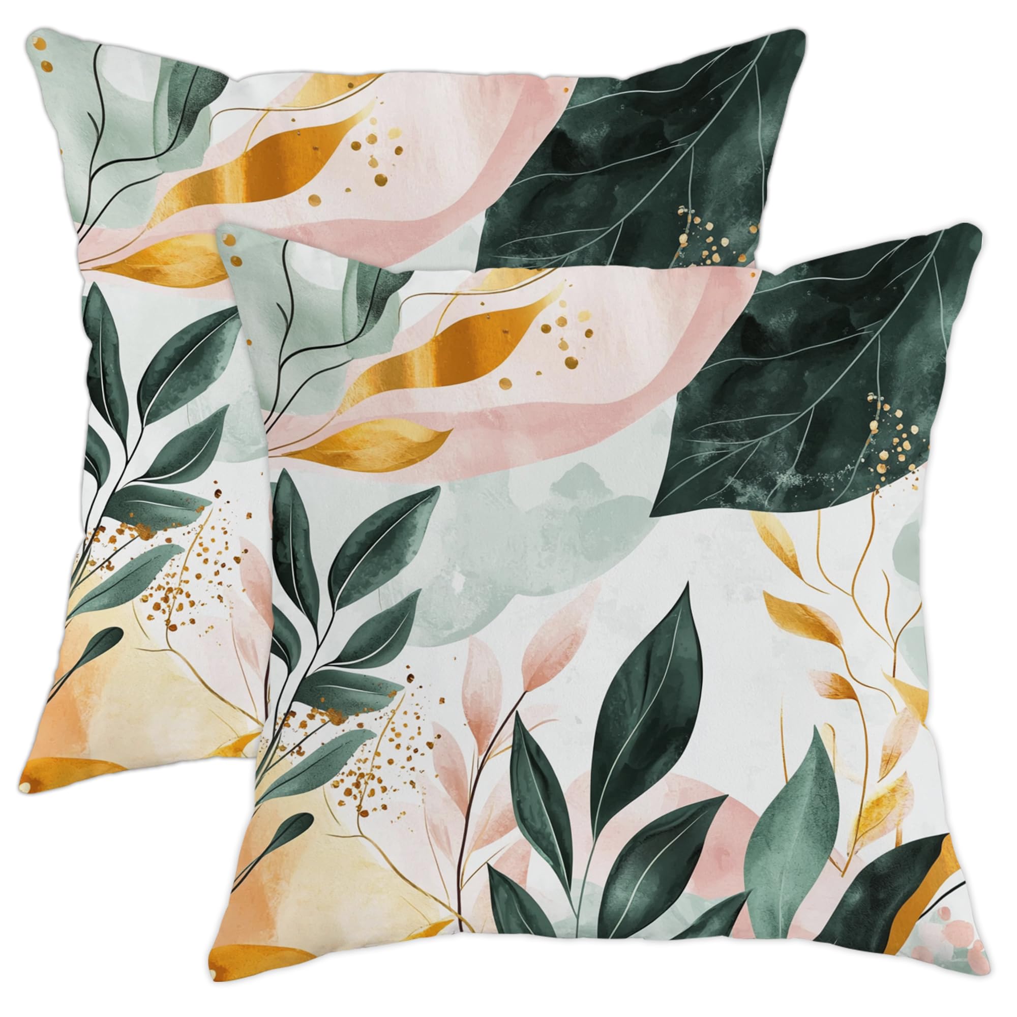 Botanical Pillow Covers Set of 2, Green and Peach Floral Throw Pillow Cases, Spring Decorative Square Rustic Decor Cushion Covers for Home Sofa Bed