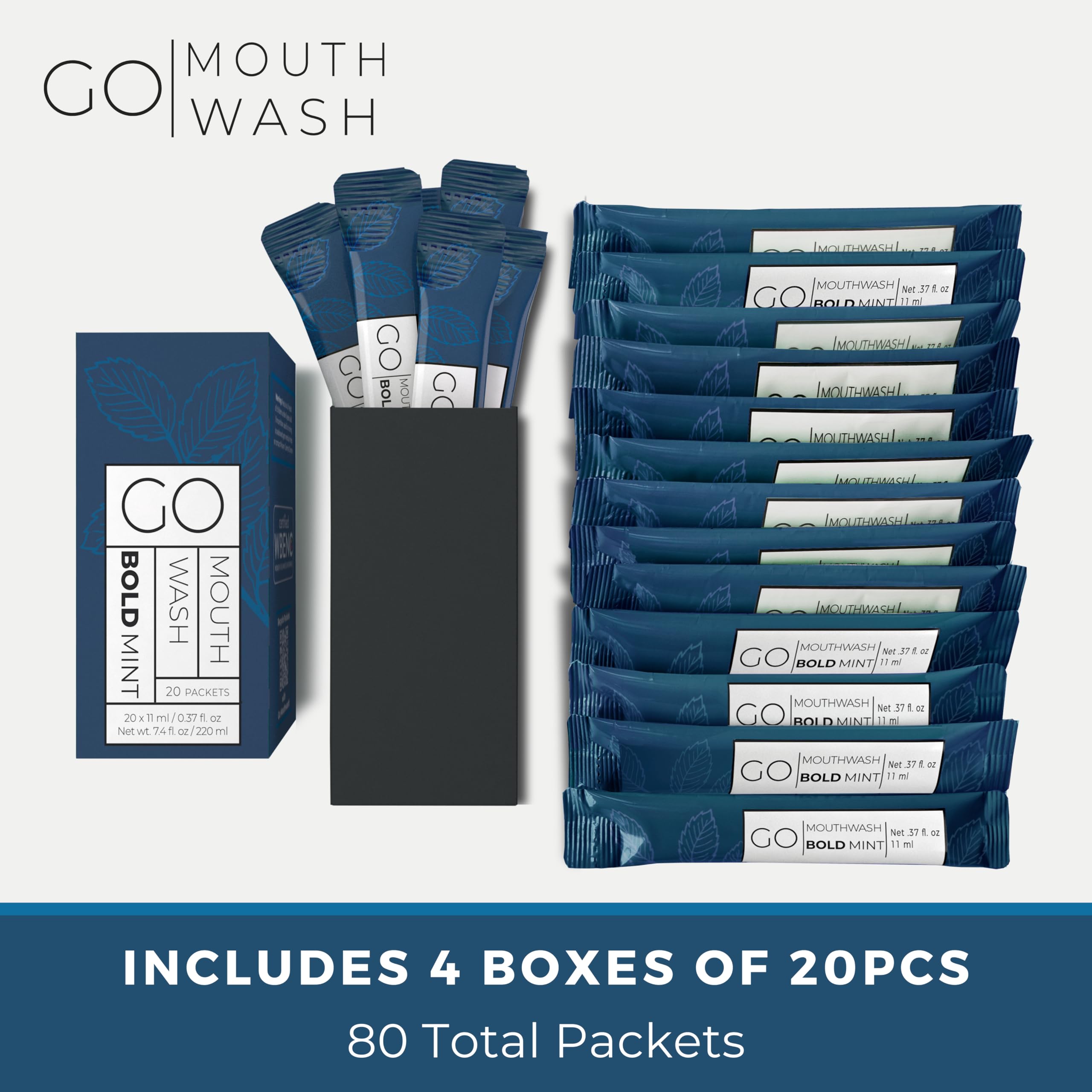 Go Mouthwash Bold Mint- Travel Size Mouthwash Packets - Individual Mini Mouthwash Packets for Fresh Breath - Perfect Travel Size Toiletries for Guest Bathrooms. 80 Packets