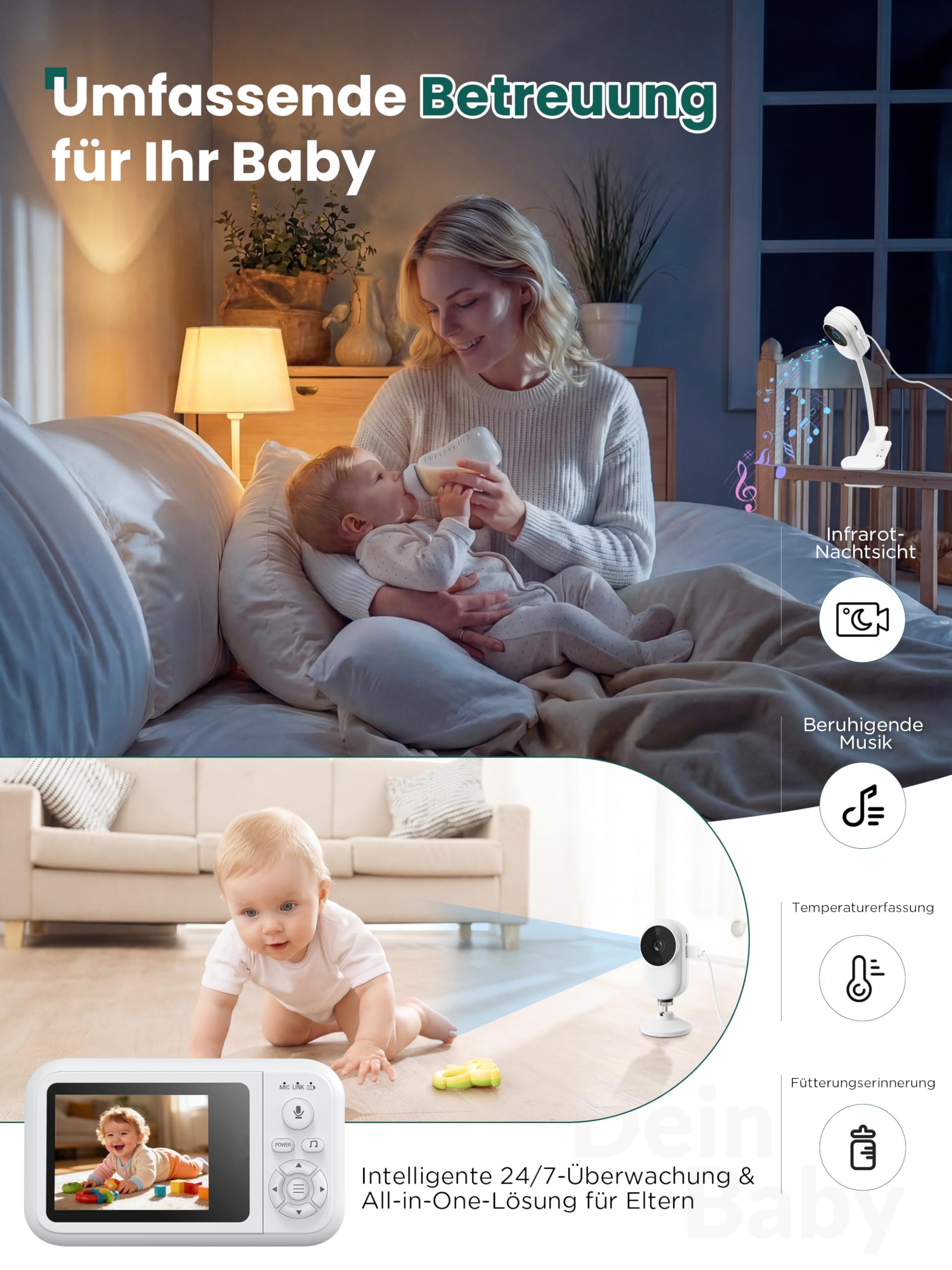 Babyphone mit Kamera & Halterung inkl. Bettclip, HD Video Baby Monitor Ohne WLAN, Nachtsicht, Zwei-Wege-Audio, VOX-Modus, Temperatursensor, Schlaflieder, 3,5" Babyfon für Erstausstattung Neugeborene