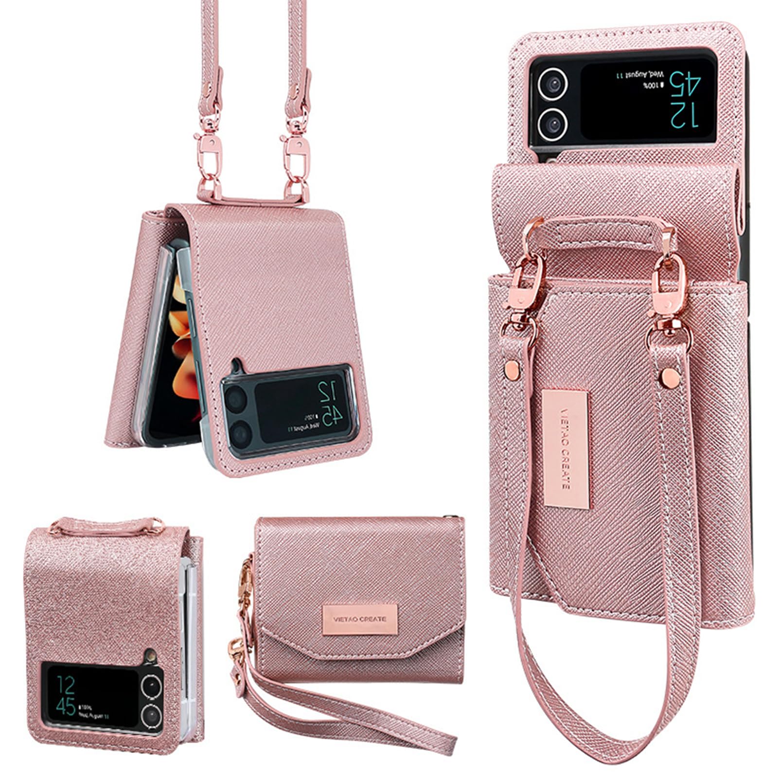 FENDOUNIUfor Flip 6 Case, Vintage PU Leather Strap Wristlet for Samsung Flip 6 Case with Card Holder (Rose Gold)