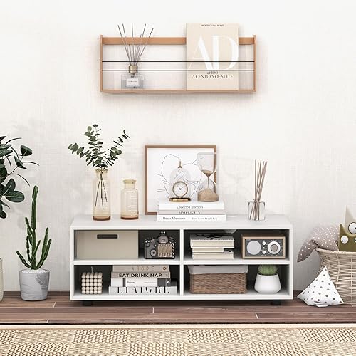 Miniatura 4 de Tangkula Soporte de TV blanco para TV de hasta 40 pulgadas, mesa consola multimedia con 4 cubículos, estantes ajustables en 5 posiciones, centro de