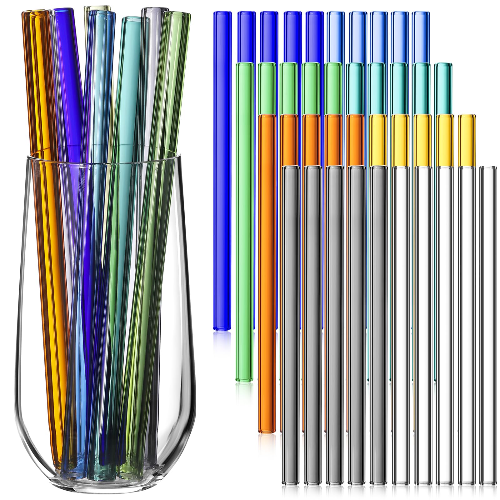 Layhit 40 pajitas de vidrio reutilizables a granel de 12 x 200 mm de alto borosilicato colorido recto pajitas de vidrio resistentes a los golpes para jugo, té, café, cócteles, limonadas, batidos, té