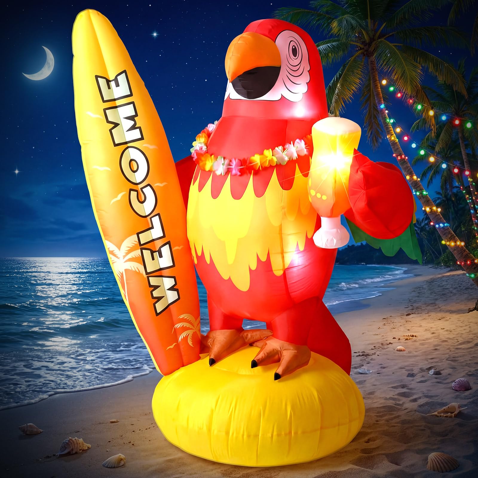 Sonwyoung 5 Ft Inflatable Parrot Outdoor Decoration Pre-Lit LED Lights Beach Surfboard Decor with Blower&Ground Nails Summer Hawaiian Party Supplies Blow Up Red Parrot for Yard Pool Home Porch