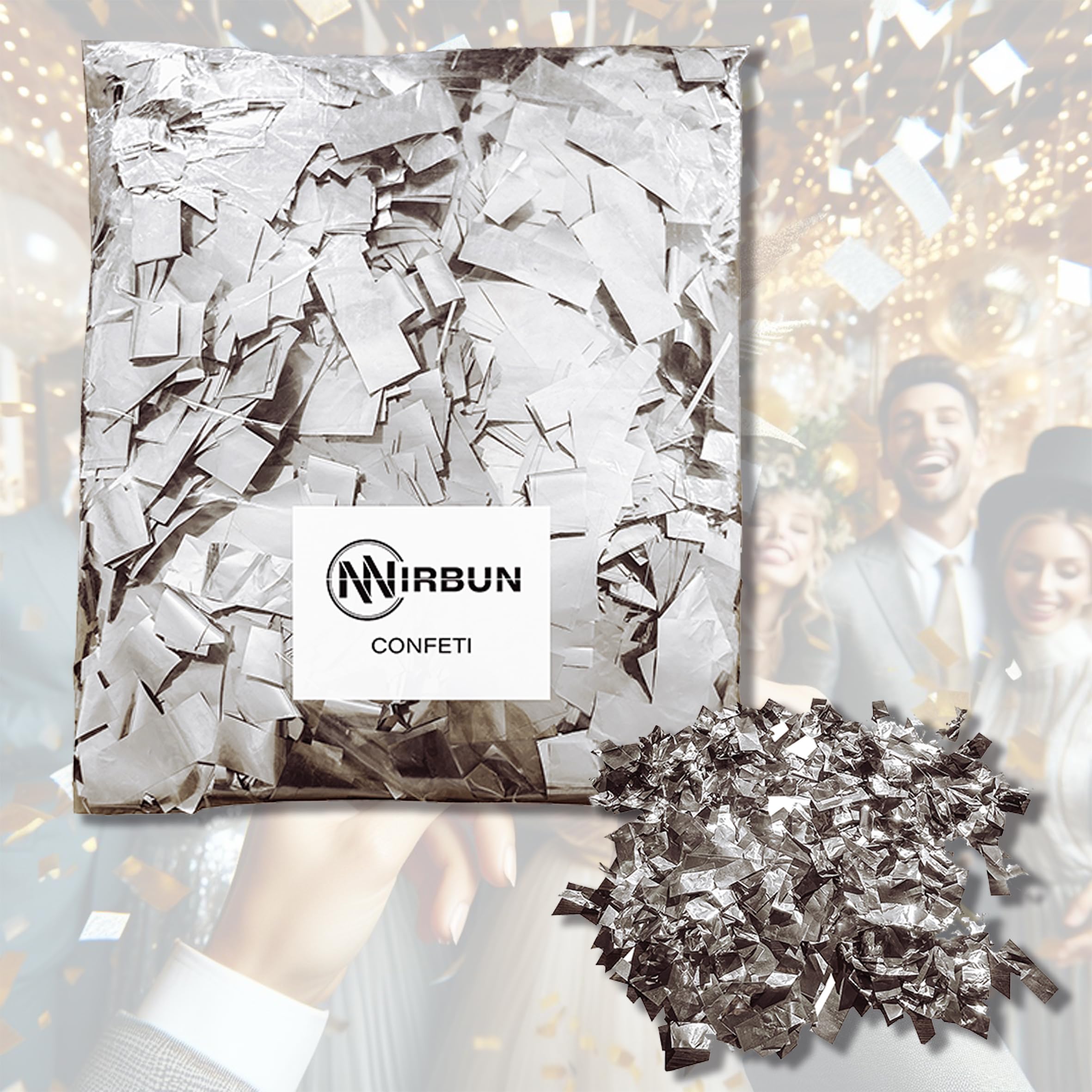 NIRBUN Confeti Plateado 1KG Ideal para Fiesta Boda, Aniversario, Cumpleaños, Decoración Carnaval, Adornos Mesa Fin de año, Piñata - Confeti Plata para Cañón - Confeti boda, Bodas de oro Bodas de plata