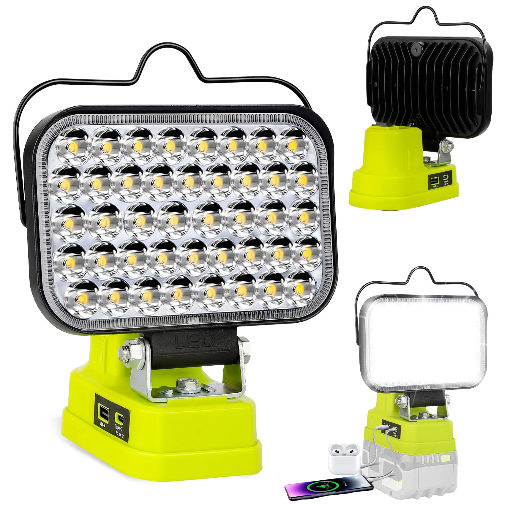 GZYZ LED Akku Lampe Kompatibel mit Akku 18V ONE+,90W 7000LM Kabellose Arbeitsleuchte,Tragbare LED Strahler Flutlichter Baustellen Lampe mit USB & TYP C für Camping, Garagen (Ohne Akku)