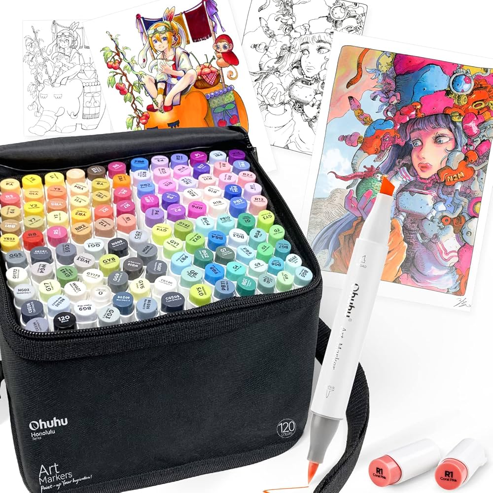 ohuhu アートマーカー 細字、筆 120色121本 honoluluB Amazon | Ohuhu マーカーペン 筆タイプ 120色121本 プロ愛用