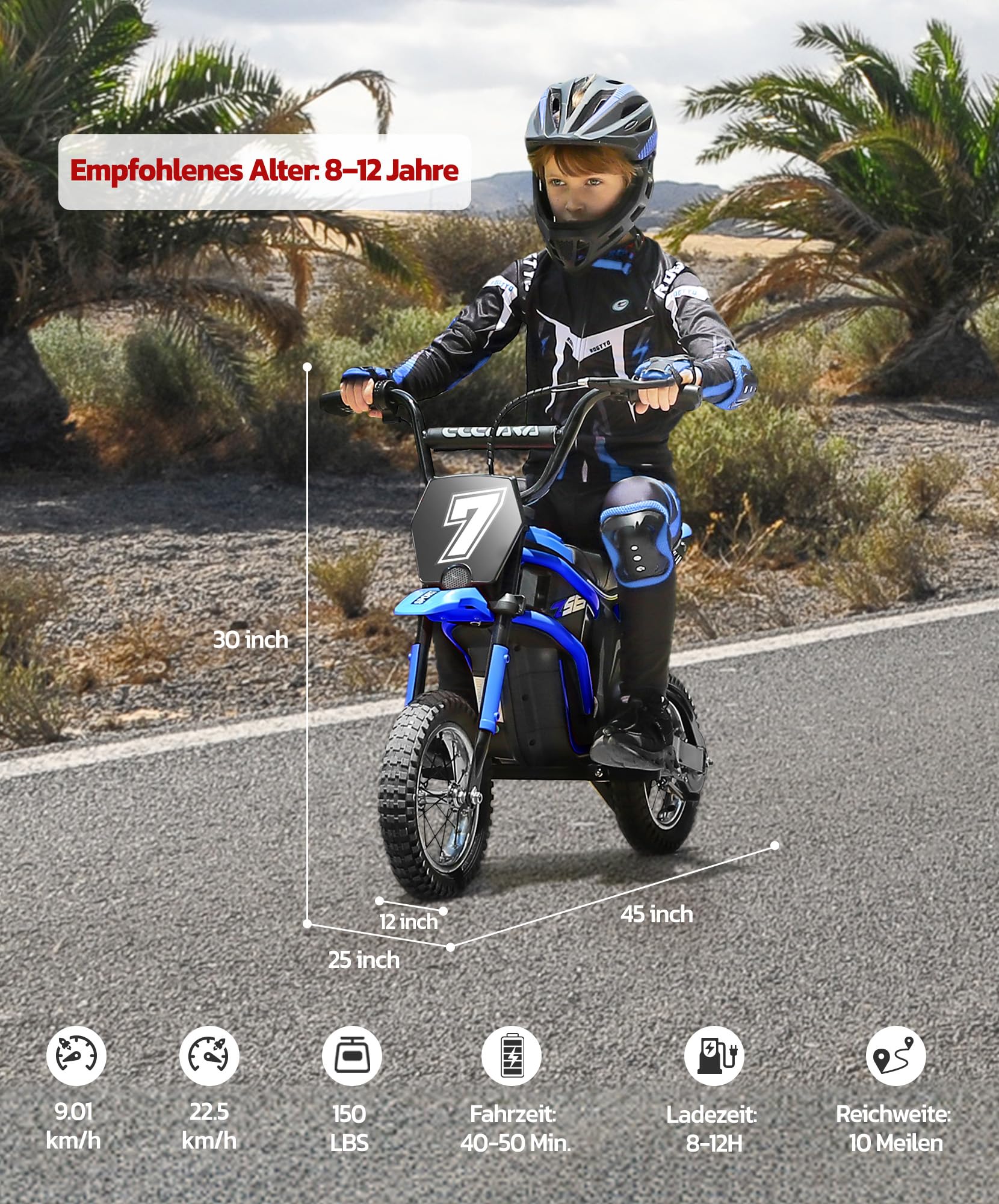 ELEMARA 24V Motorrad Elektrisch für Kinder, 250W Dirt Bike W/Rücklichtern,Musik,22,5 KM/H & 150 KG Max, Kettenantriebsmotor,Drehgasgriff & Handbetätigte Hinterradbremse,12" Luftreifen-Blau