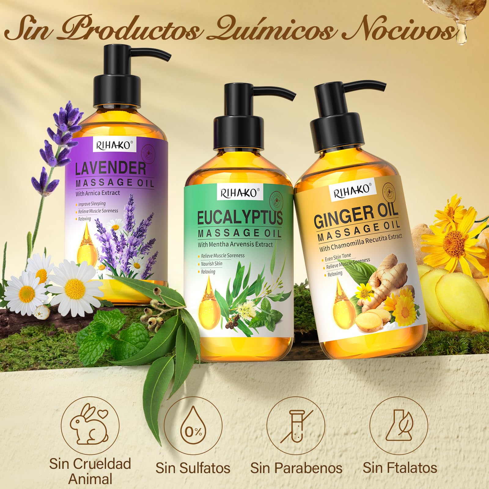 Set de aceites de masaje para terapia de masaje, drenaje linfático, aceite de jengibre, aceite de lavanda, aceites de masaje de eucalipto para músculos doloridos y bola de masaje, 3 x 100 ml