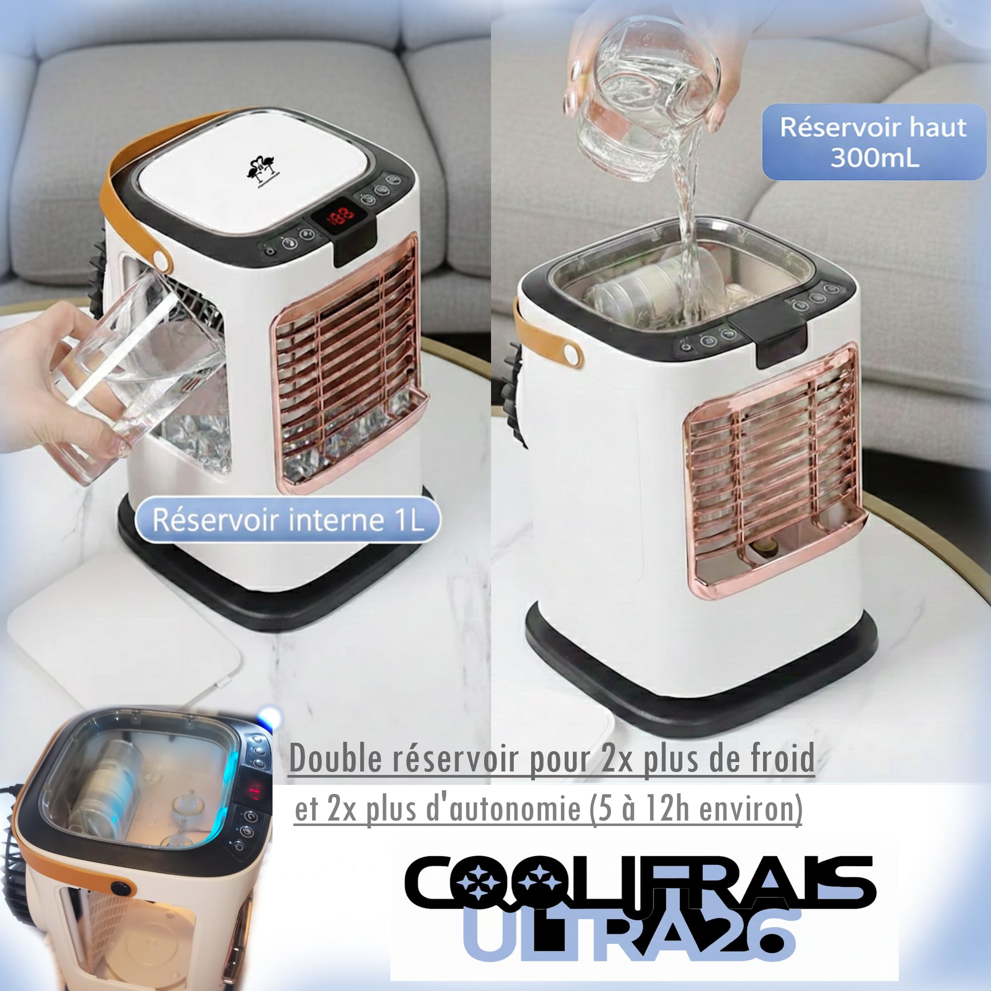 Cooli Frais ULTRA 26 TÉLÉCOMMANDÉ – Rafraîchisseur Mobile Rotatif 2026 Double Réservoir 1.3L (Eau + Glace) 6 Vitesses / 3 Modes – Rotation 120° – Rideau d’Eau + Double Pulvérisation USB Type-C Secteur