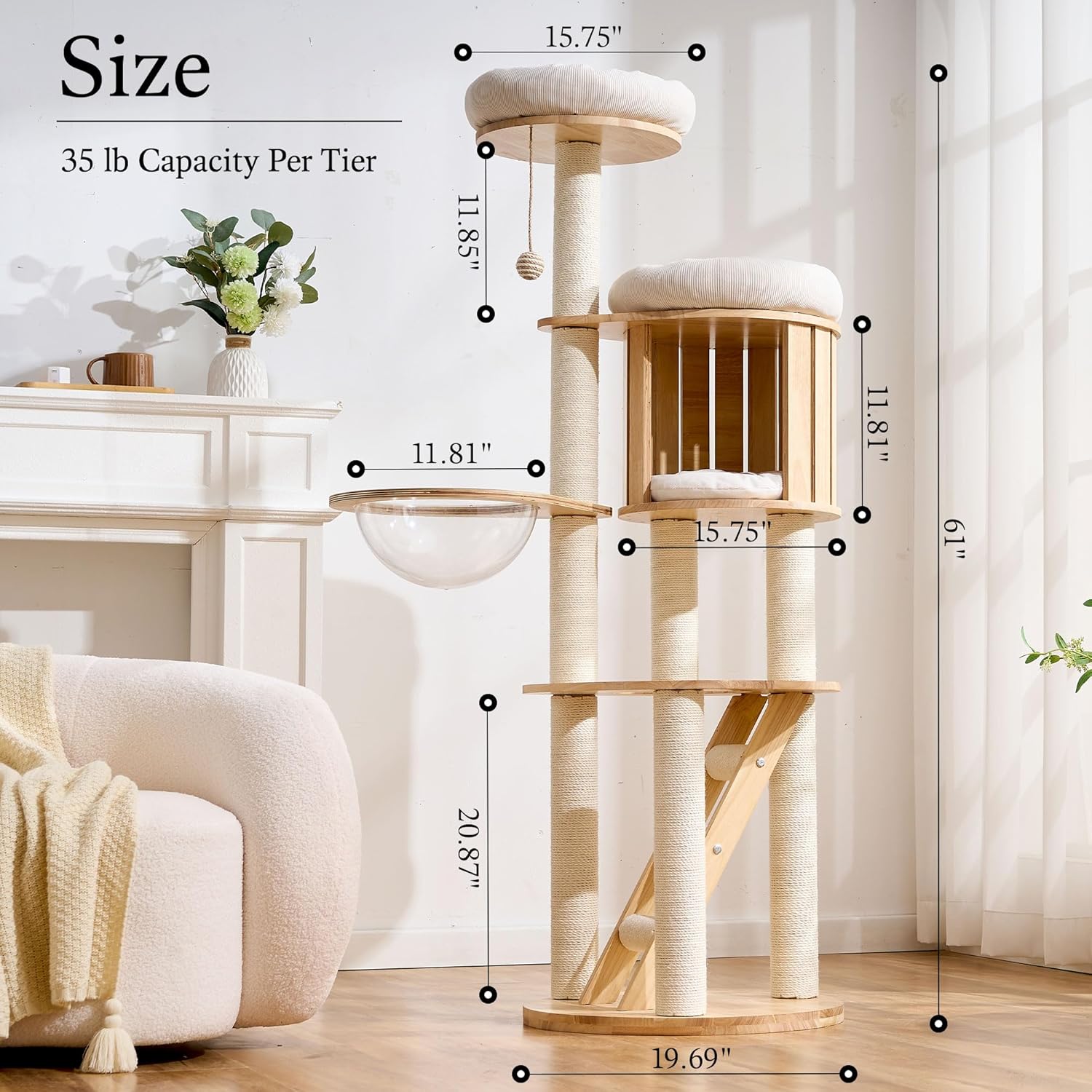 797Audio Wood Modern Cat Tree, 61.5" Tall Cat Tower with Sisal Scratching Posts, Cat Condo, Capsule and Ladder, Solid Wooden Aesthetic Multi-Level Cat Climbing Tree for Large Adult Indoor Cats