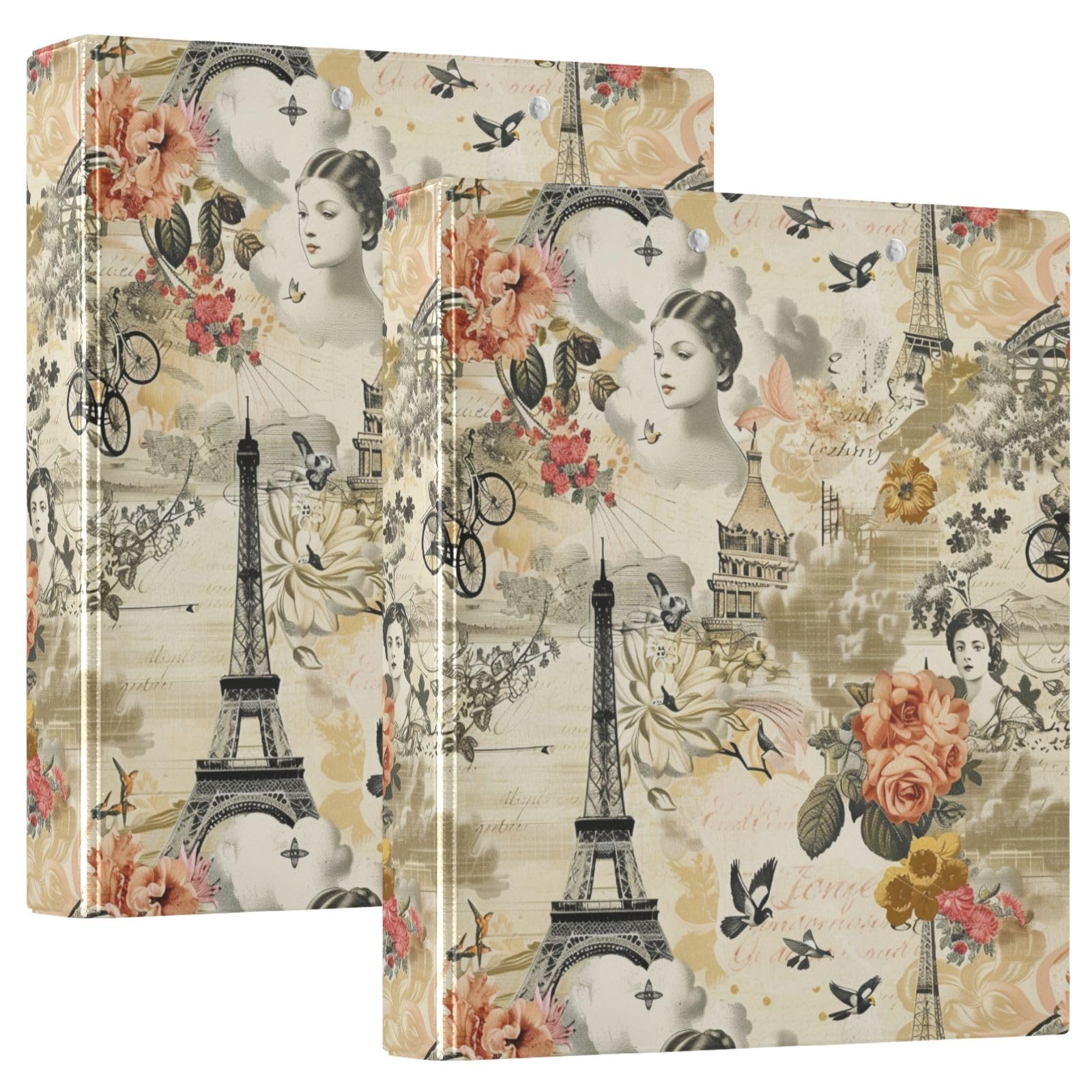 Classeur à 3 Anneaux Vintage Imprimé Parisien, 3,8 Cm, Peut Contenir 200 Feuilles Avec 3 Poches Intérieures Transparentes En PVC Pour L'école, Le Bureau