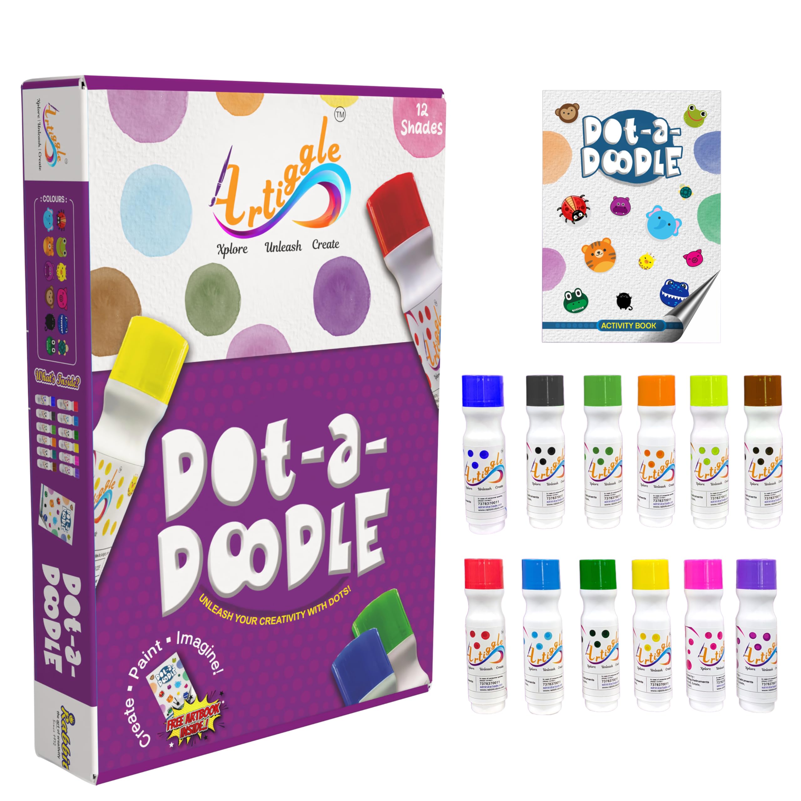 Artiggle Washable Dot Markers for Toddlers, Kids – 12 Colors, 60 mL Each, Safe & Non-Toxic, 20mm Dabbers, Includes Activity Book