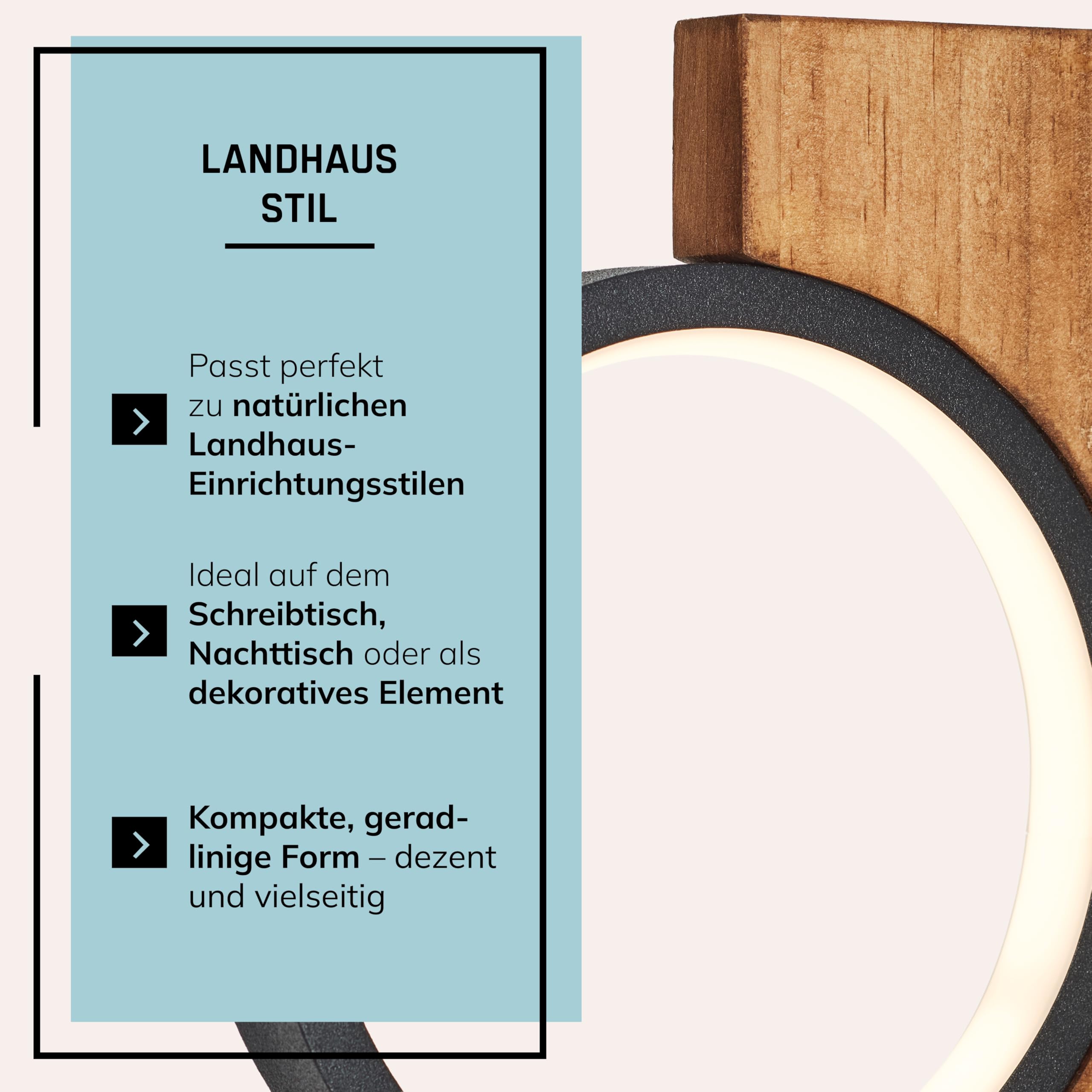Lightbox LED Tischlampe Holz - Tischleuchte mit LED Kreisen - 50 x 25 x 12 cm - warmweißes Licht 3000 K - moderne Wohnzimmerlampe mit Kabelschalter inkl. LED