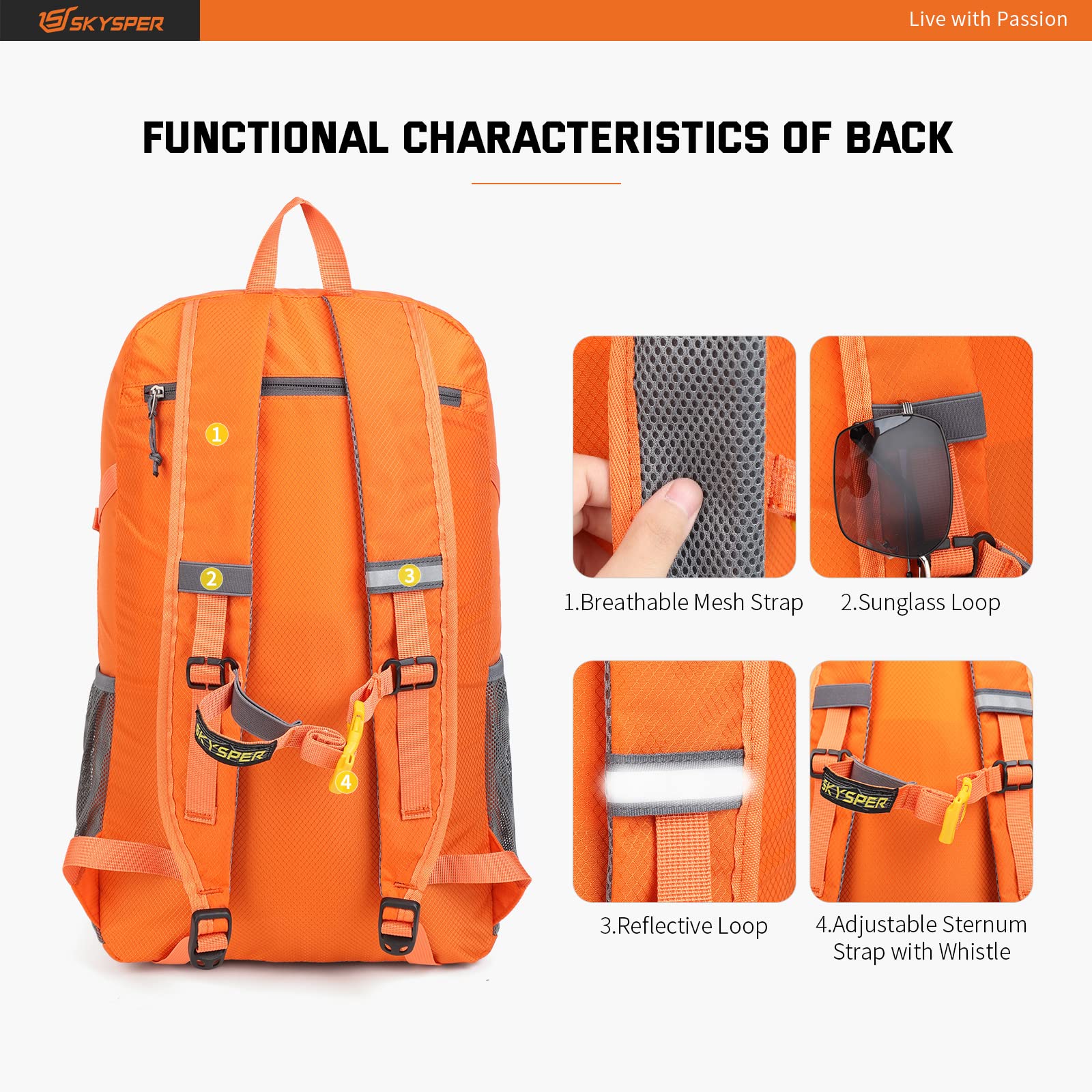 SKYSPER Zaino Ultraleggero Pieghevole, Zaino Ripiegabile 30L Resistente all'Acqua con Strisce Riflettenti Zaino da Trekking per Hiking Escursione Viaggio Uomo Donna
