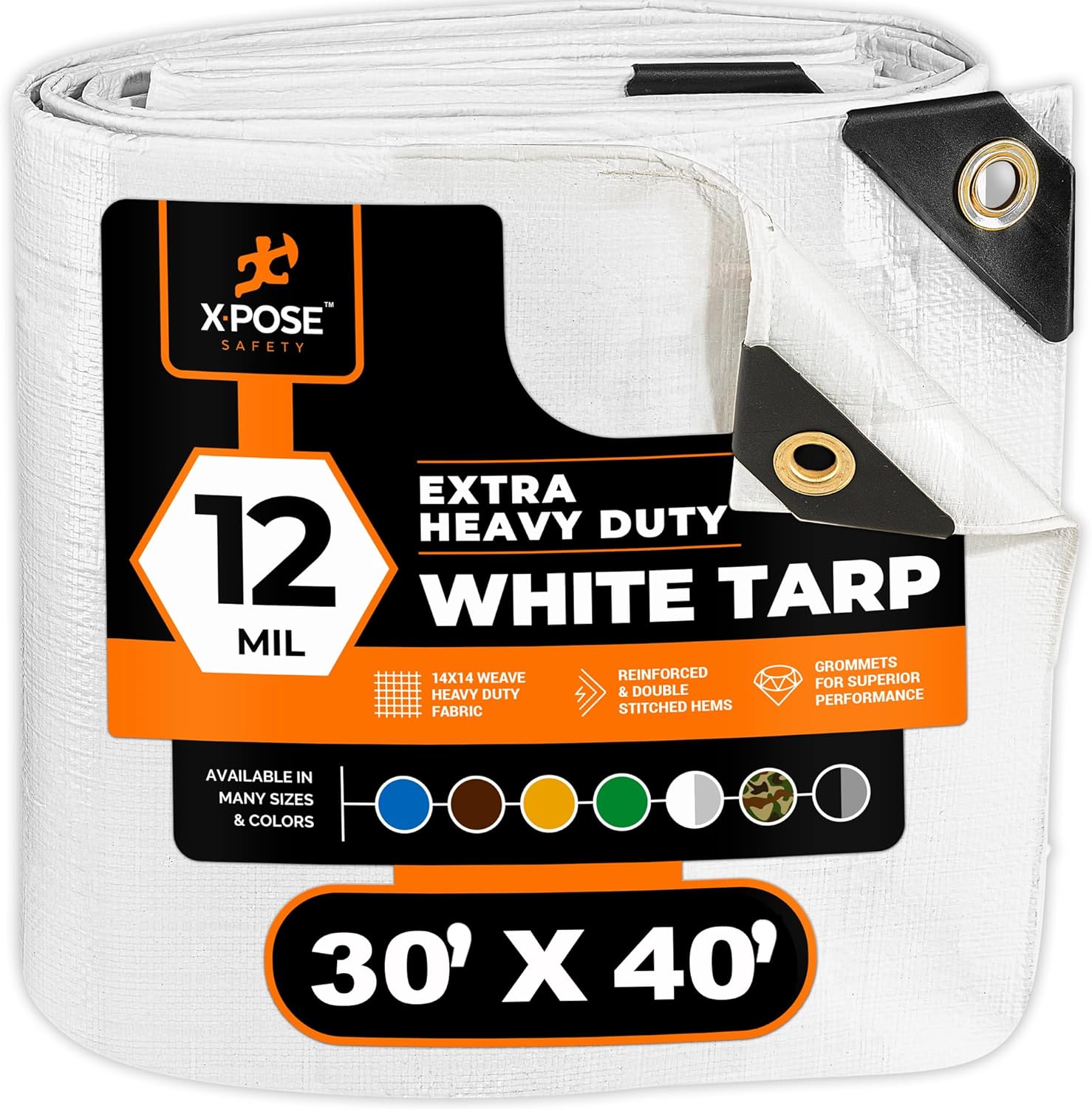 Heavy Duty White Poly Tarp 30' x 40' Multipurpose Protective Cover - Durable, Waterproof, Weather Proof, Rip and Tear Resistant - Extra Thick 12 Mil Polyethylene - by Xpose Safety White 30' x 40'