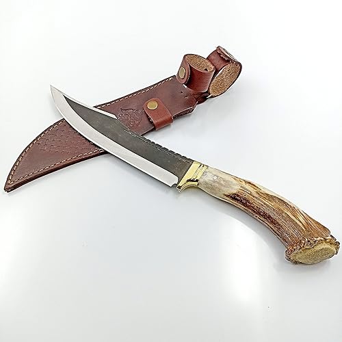 Miniatura 2 de yatagan Cuchillo de caza hecho a mano con mango de cuerno de ciervo con funda de cuero, espiga completa, hoja fija, para supervivencia al aire