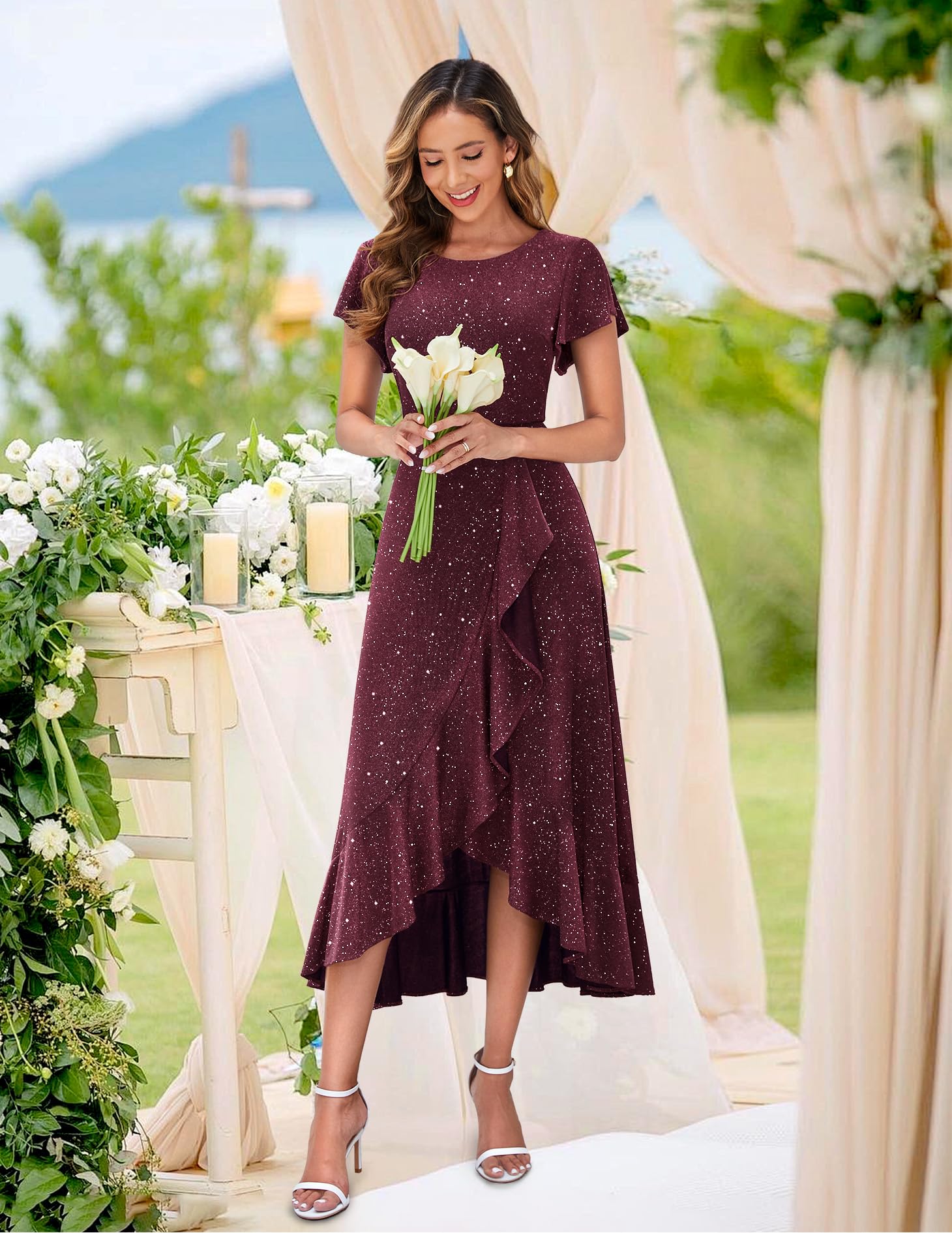 Berylove Vestido de noche largo para mujer, vestido de fiesta con volantes, vestido de fiesta para boda, vestido de fiesta, elegante, marrón, XL