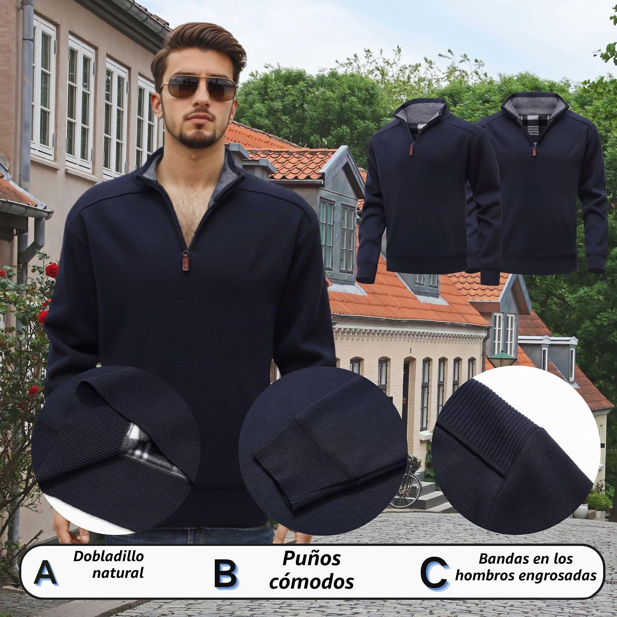 Jersey de Punto Sueter Hombre Manga Larga y Media Cremallera Otoño Invierno Jersei Clásico de Cuello Alto de Canalé Suéter de Punto