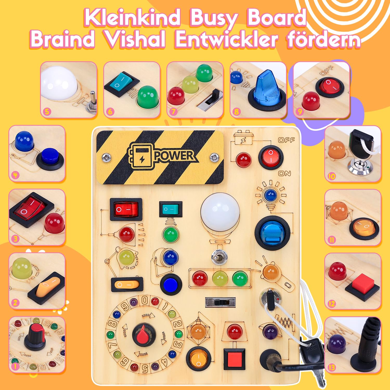 Montessori Spielzeug Busy Board ab 1 Jahr Activity Board aus Holz | Motorikspielzeug mit, 13 Schaltern 24 LED-Leuchten, Lernspielzeug für Kinder 1-3 Jahre Baby Spielzeug, Geschenk für