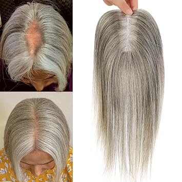 Hair Toppers for Women Light Grey Remy Hair Toppers for Women with Thinning Real HumanHair 14inch Grey Clip in HairPieces with Babyhair Breathable Swiss Base cover 4 * 4.8inch, 4 Clips