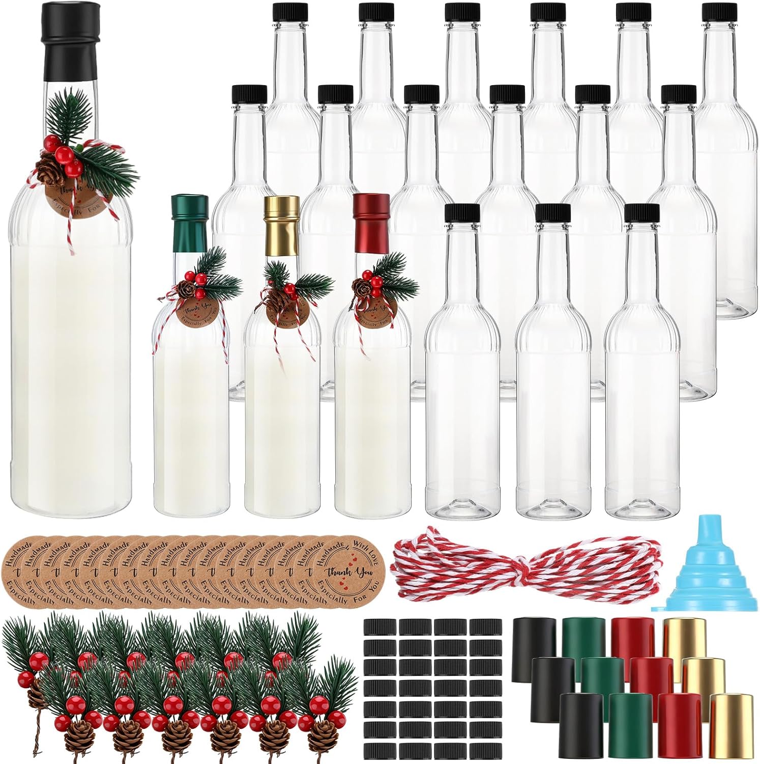 Baderke 24 Pcs 750 ml Christmas Plastic Wine Bottles with Pine Cones Branches Picks 25 oz Christmas Coquito Champagne Bottles Ideal for Homemade Brewing Wine and Storage Xmas Party Supplies