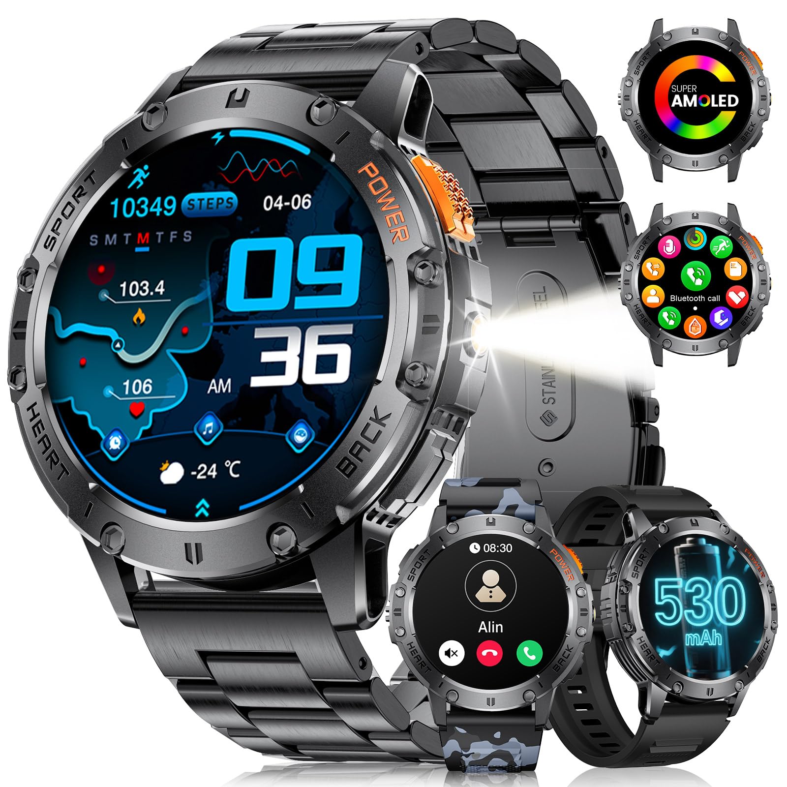 LIGE Reloj Inteligente Hombre con Llamada Bluetooth/LED Linterna/100+ Modos Deportivos, IP68 Impermeable, 1,43'' AMOLED Smartwatch Hombre para Android iOS, Negro Acero/Silicona Camuflaje (3 Correas)