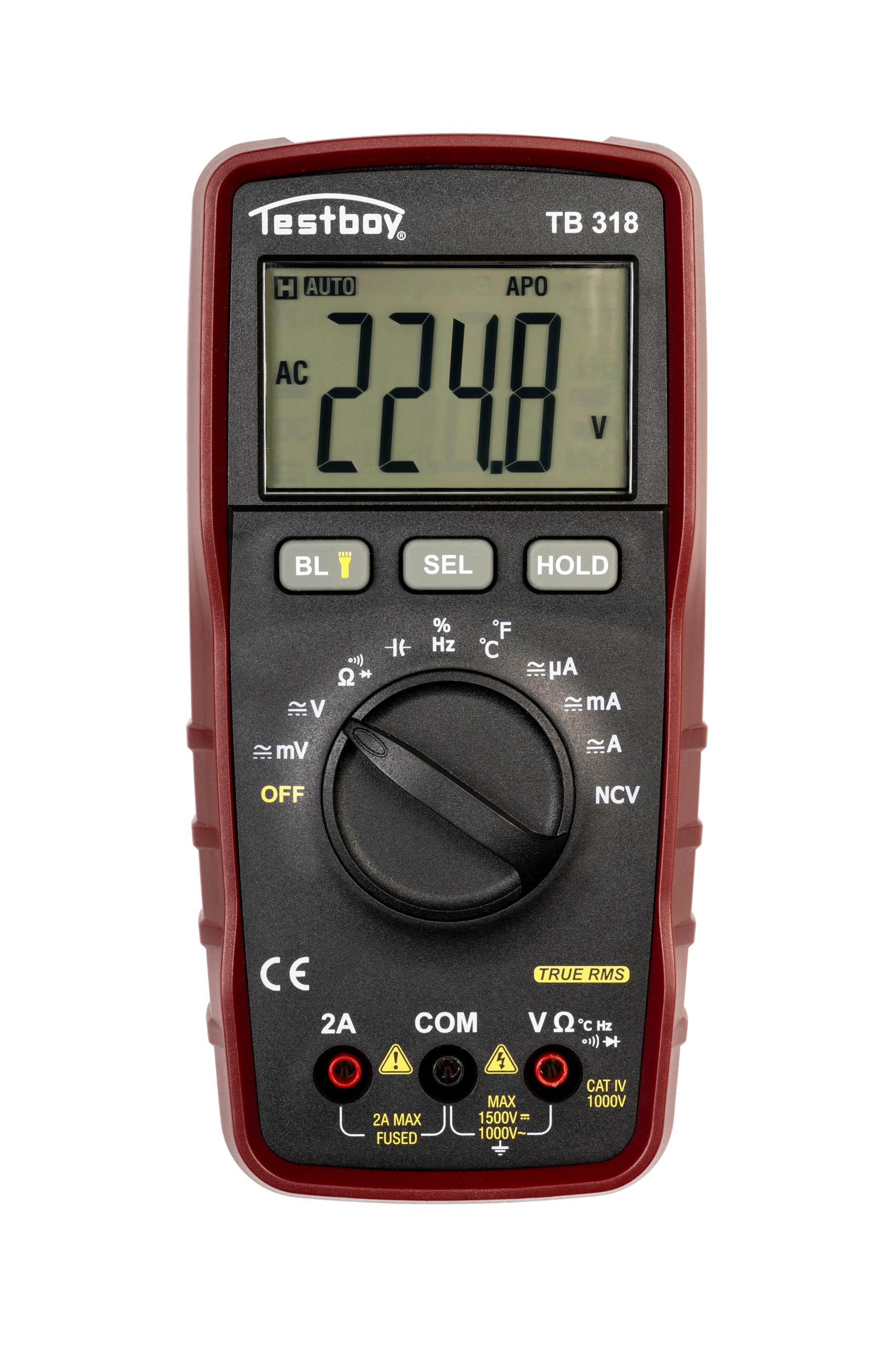 Testboy 318 Digital Multimeter für Photovoltaik Anlagen (Gleichspannung bis 1500 V, Wechselspannung bis 1000 V, Strom bis 2 A AC/DC, mit MC4 Messleitungssatz, mit LED-Taschenlampe, 40-mm-Display)