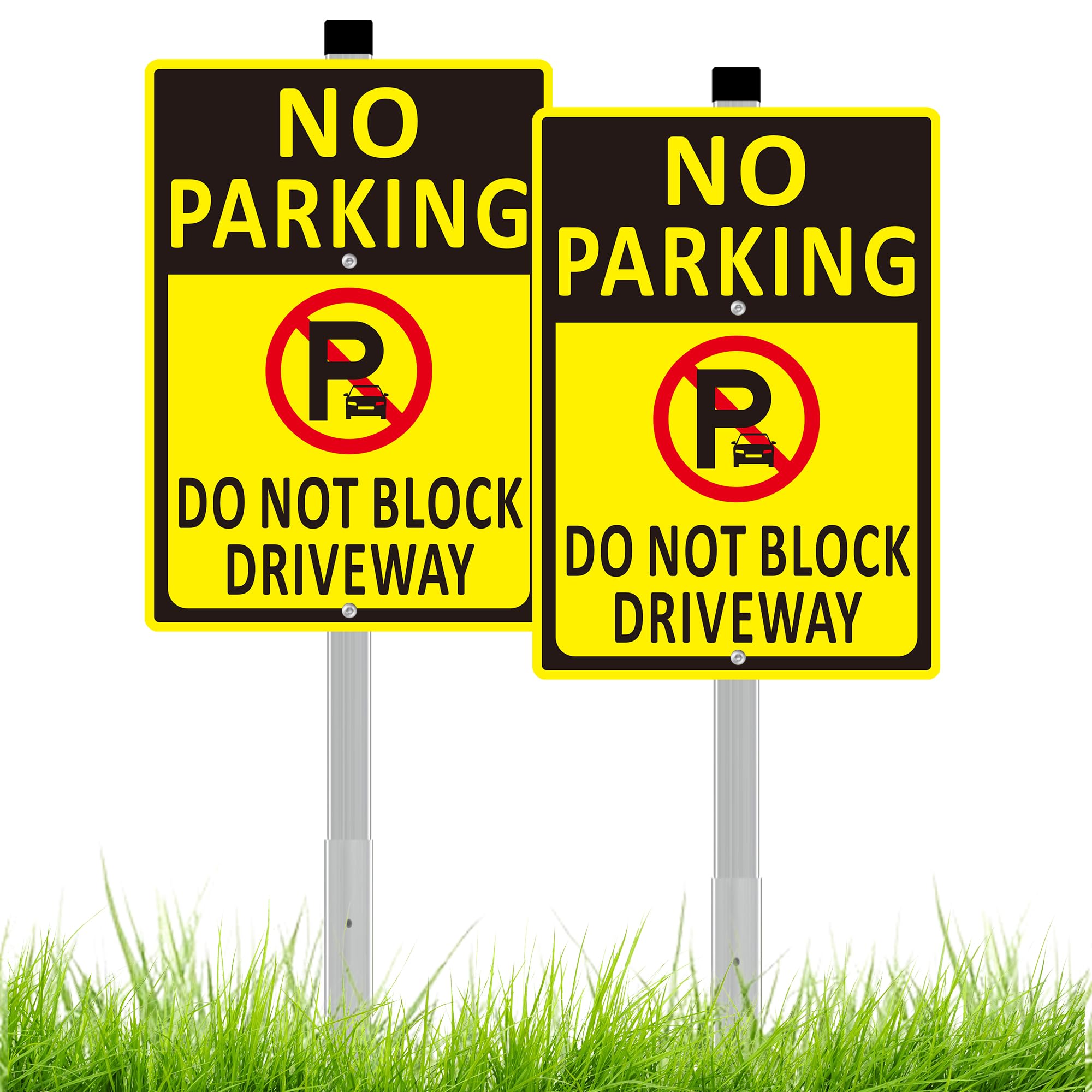 Photo 1 of (2 Pack) No Parking Do Not Block Driveway Sign - 10x14 Inch Aluminum Metal No Parking Signs with 36" Long Stake, Rust-Proof Weather Resistant and Pre-Drilled Holes for Easy Installation (Yellow)