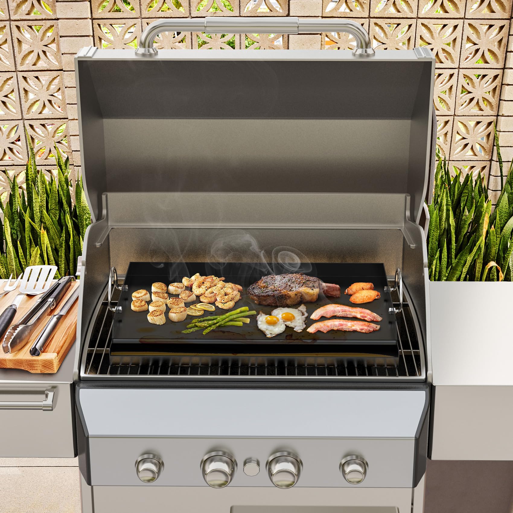 Onlyfire Piastra Barbecue Flat Top Antiaderente In Ceramica Per Griglie A Gas 3 Fuochi - 46,5x33,5 Cm Con Supporti Regolabili