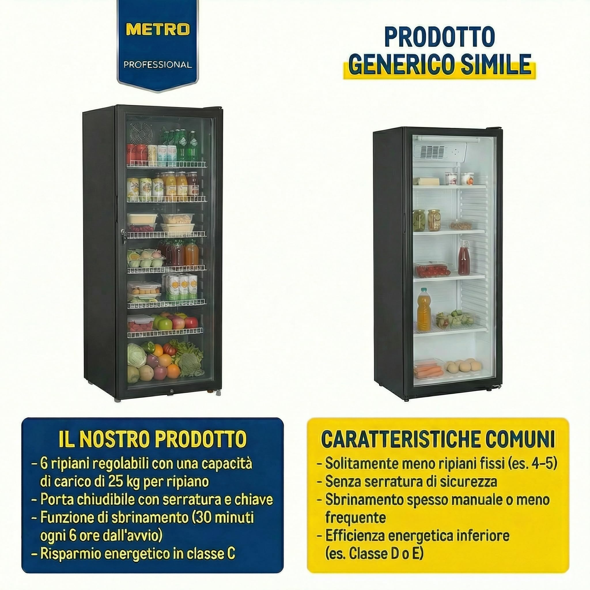 METRO Professional Frigorifero per Bevande GSC4240 con Porta in Vetro, 237 L, 110 W, 220-240 V, Illuminazione a LED, 6 Ripiani Regolabili, con Serratura