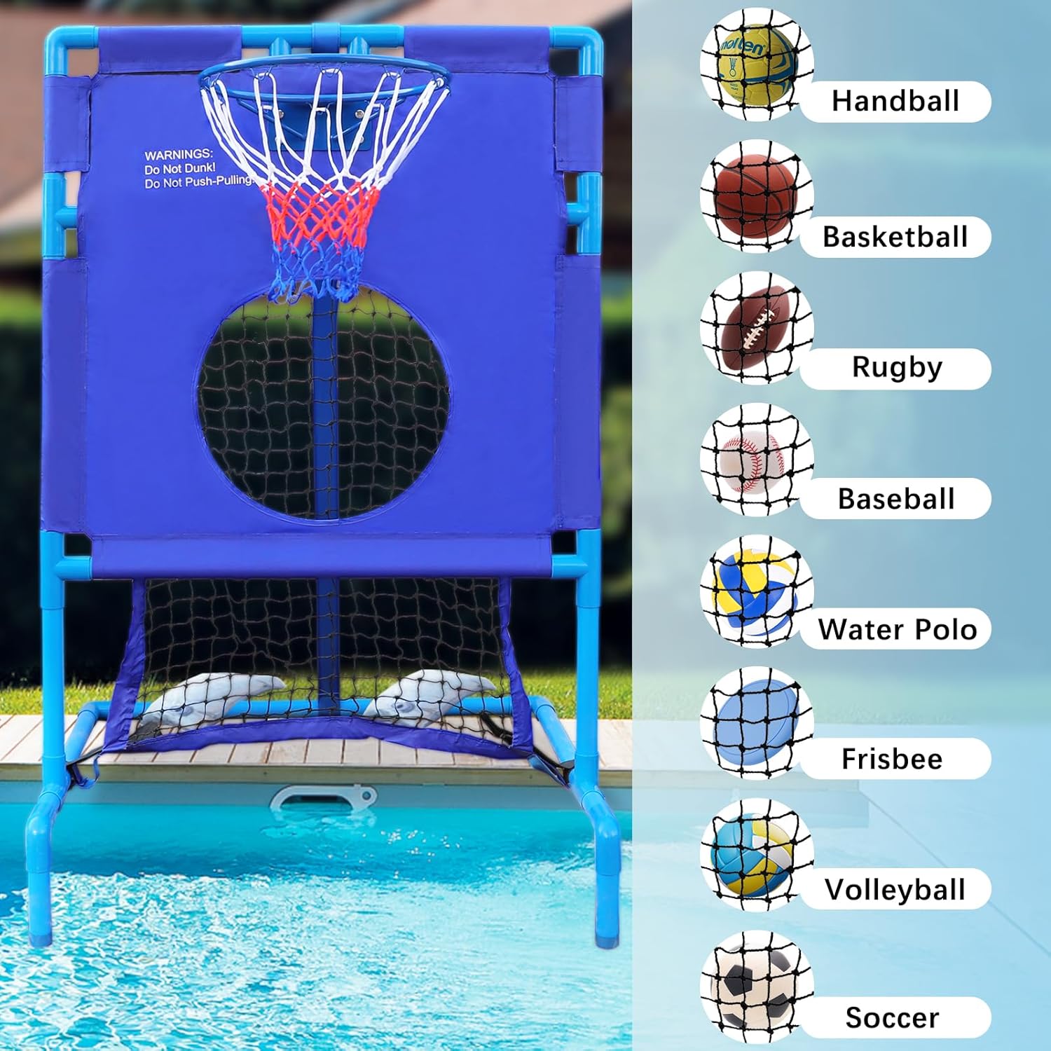 Pool Basketball Hoop ＆ Football Target Net 2-in-1 Set, for Various Fun Game, 6 Balls Included, Settle Your Summer Party