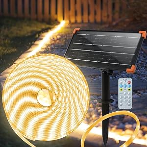 Bandă LED solară de exterior ZAIYW 15 m, IP68 rezistentă la apă, 300 LED-uri, alb cald, cu variator, telecomandă și temporizator, autoadezivă, pentru decorarea gardului de grădină