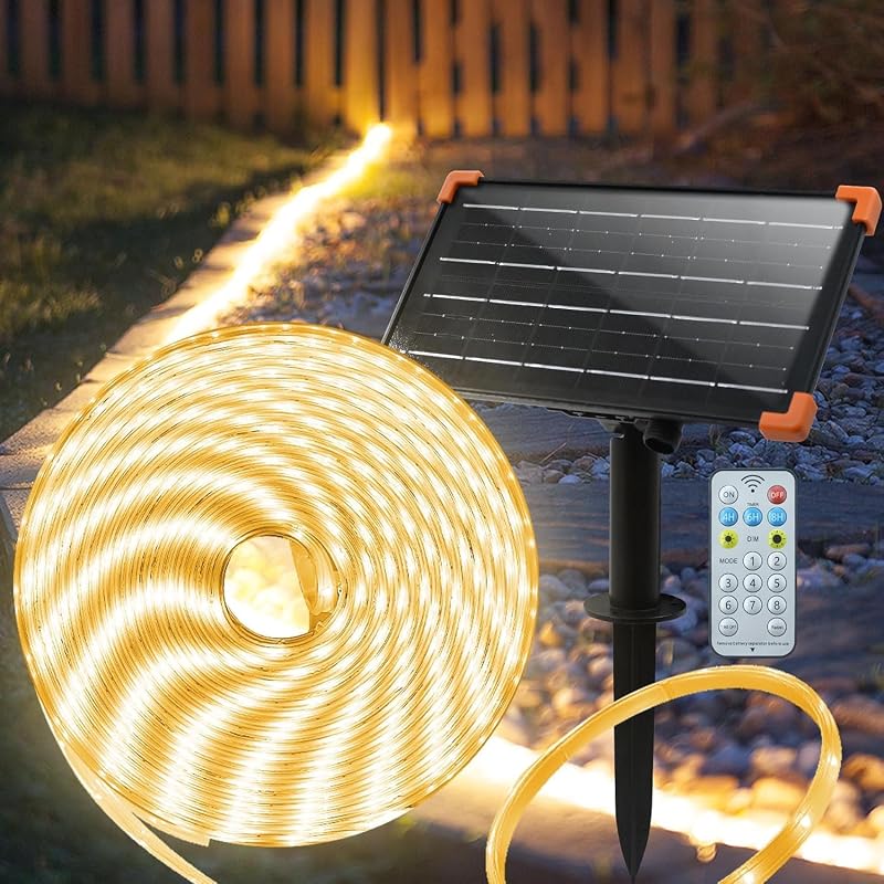 Bandă LED solară de exterior ZAIYW 15 m, IP68 rezistentă la apă, 300 LED-uri, alb cald, cu variator, telecomandă și temporizator, autoadezivă, pentru decorarea gardului de grădină