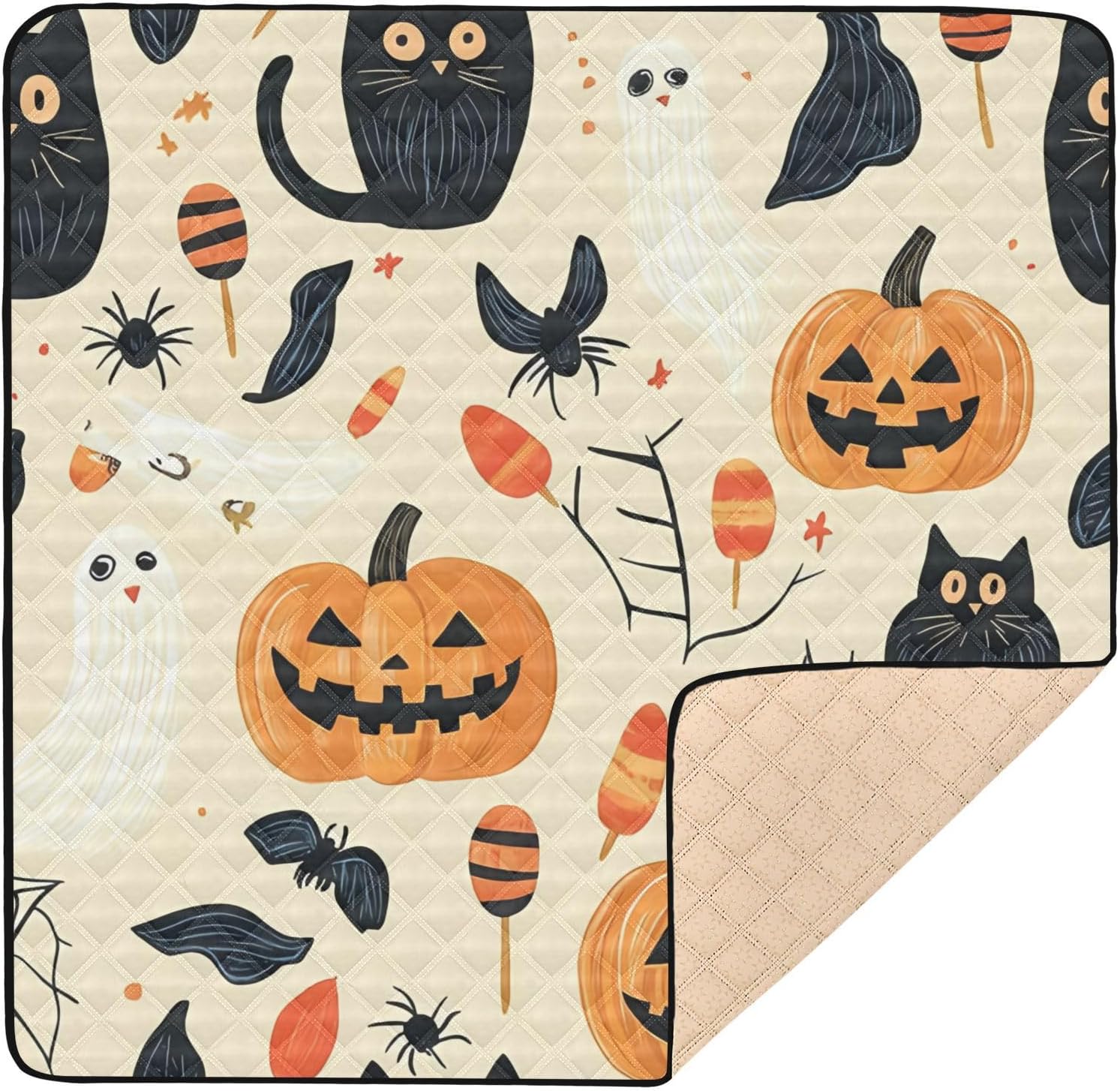 Halloween Pumpkin & Black Cat Baby Play Mat, 50“ X 50” Washable Folding Crawling Mat, Baby Floor Mat, Soft, Non-Slip
