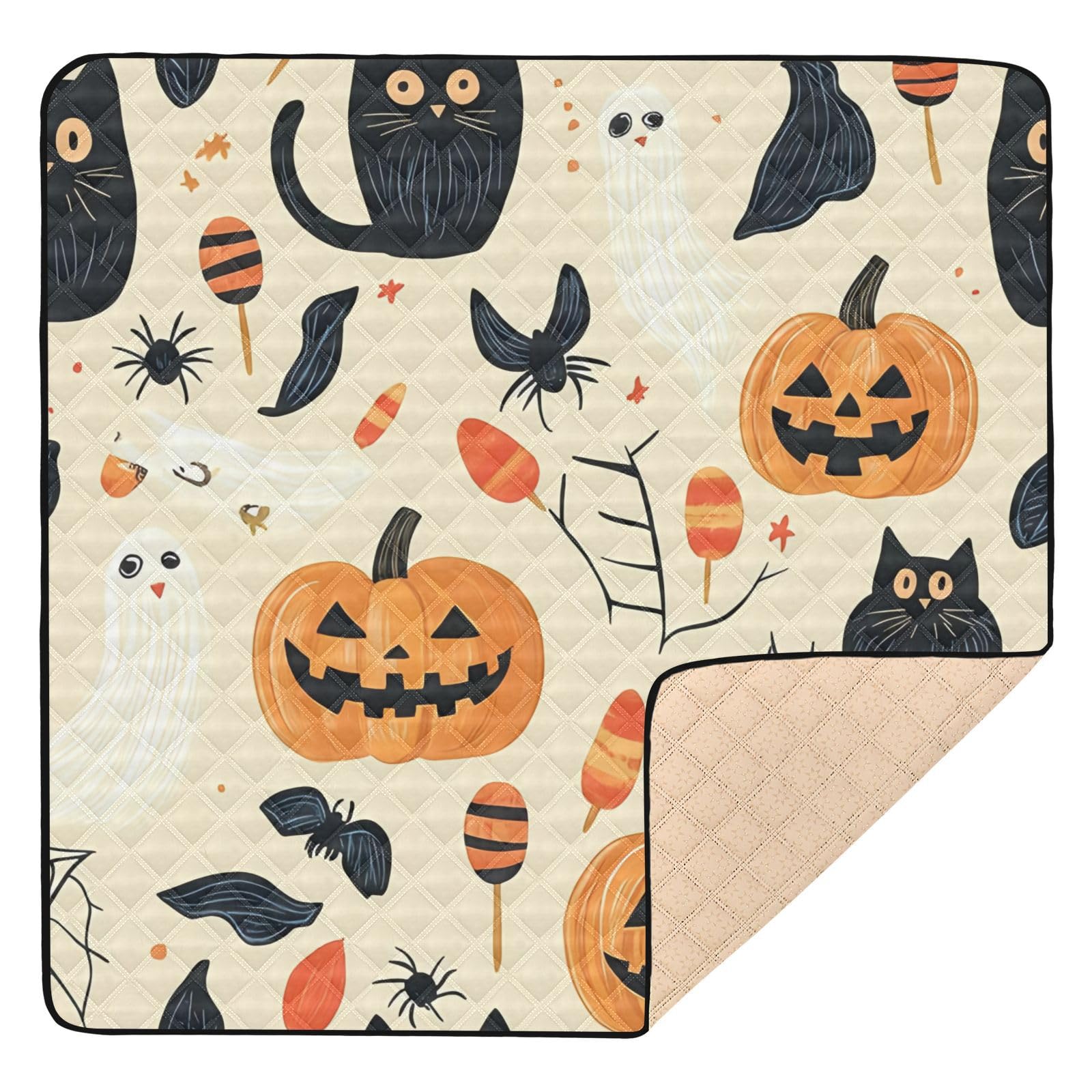 BOESI Halloween Pumpkin & Black Cat Baby Play Mat, 50“ X 50” Washable Folding Crawling Mat, Baby Floor Mat, Soft, Non-Slip