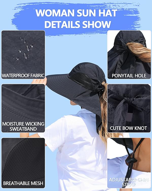 SENWAI Womens Sun Hat Outdoor UV Protection Wide Brim Fishing Hat with Ponytail Hole Neck Flap for Beach Hiking Camping, Black by SENWAI - Used condition - Image 5