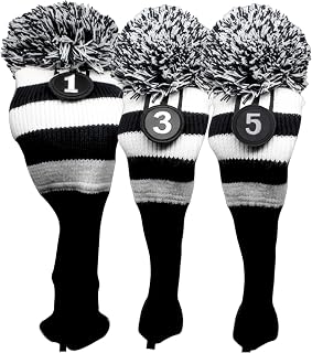 Majek Golf Club 1 3 5 White and Black Limited Edition Driver and Fairway Wood Head Covers Fits 460cc Drivers Tour Knit Retro Vintage Pom Classic Long Neck Metal Longneck Woods Headcovers