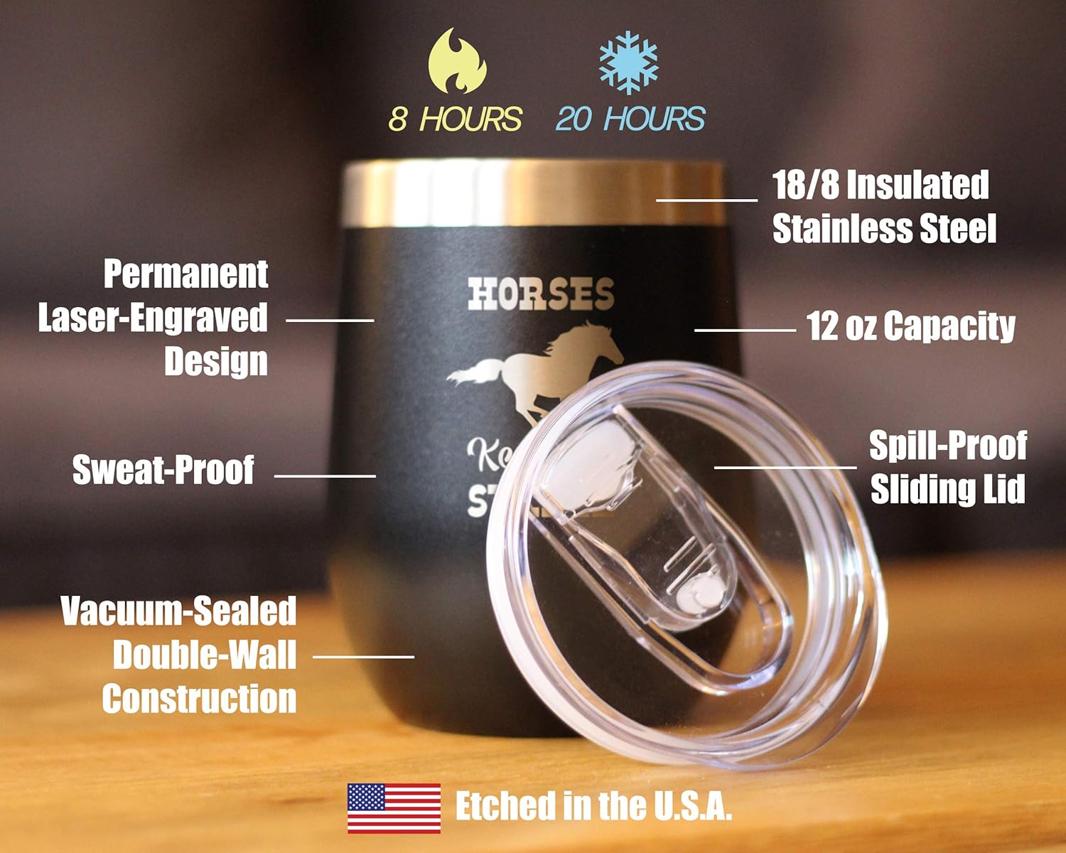 Horses Keep Me Stable - Wine Tumbler with Sliding Lid - Stemless Stainless Steel Insulated Cup - Funny Gifts for Horse Lovers - Black - Image 4