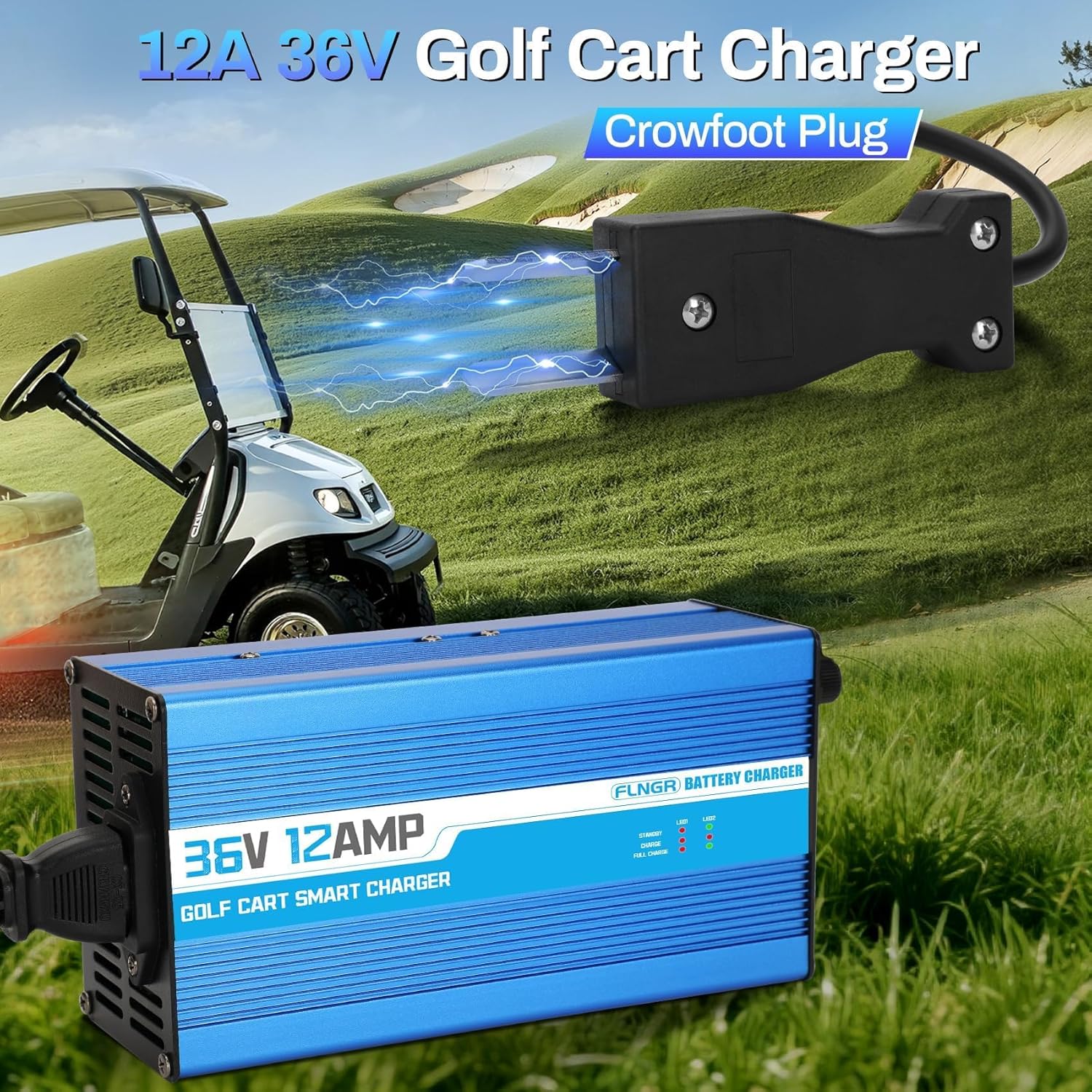 12 Amp 36 Volt Golf Cart Battery Charger for Yamaha EZGO (Lead-Acid) Club Car,12 Amp Smart Charger with Trickle Charge,Crowfoot Plug,36 Volt Golf cart Charger