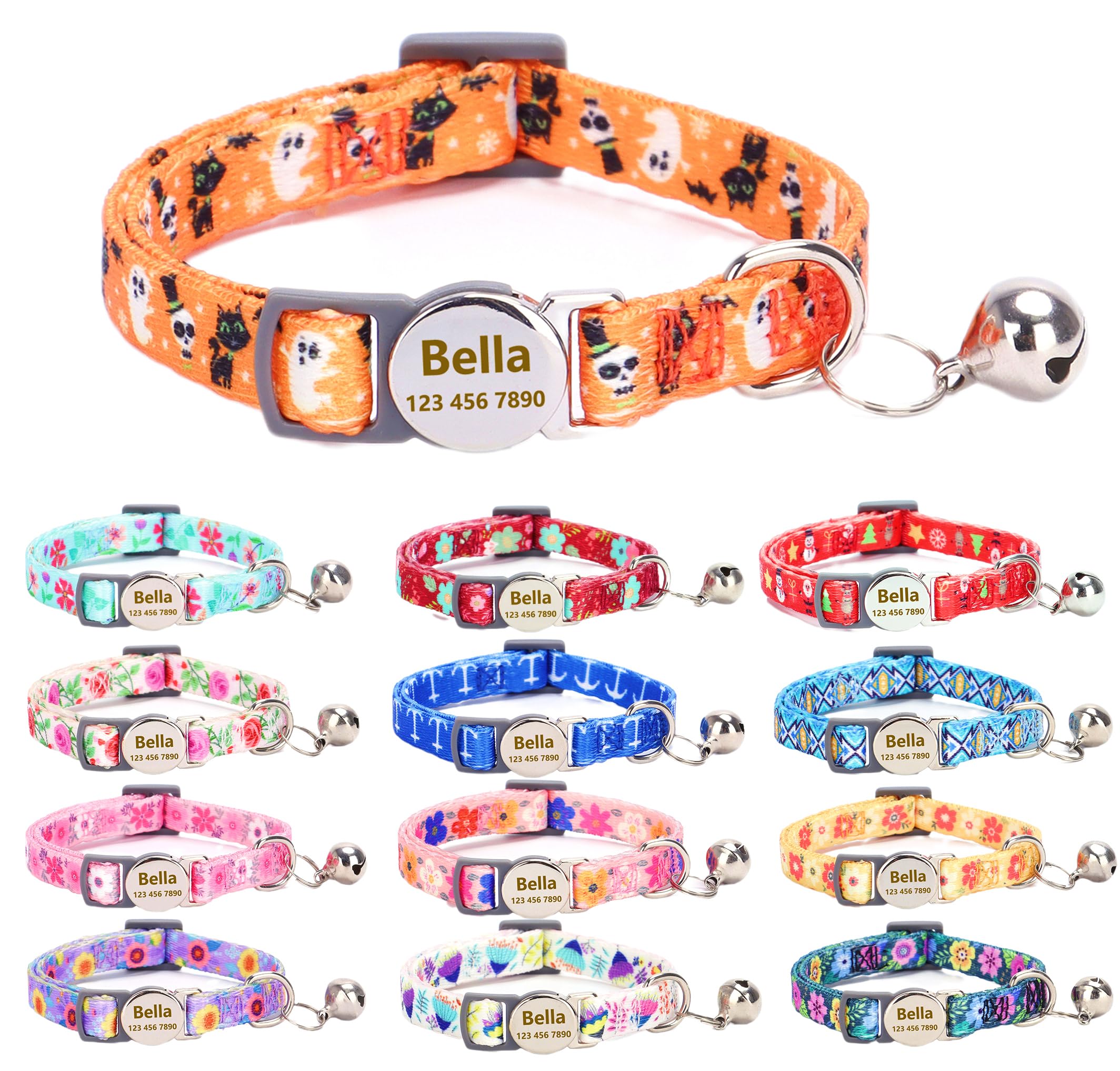 Moonpet Custom Personalized Breakaway Halloween Kitten Cat Collar with ID Name Phone Number Tag Plate/Customized Engraved Floral Pattern Boy Girl Cat Kitten Collar with Bell-Halloween Style